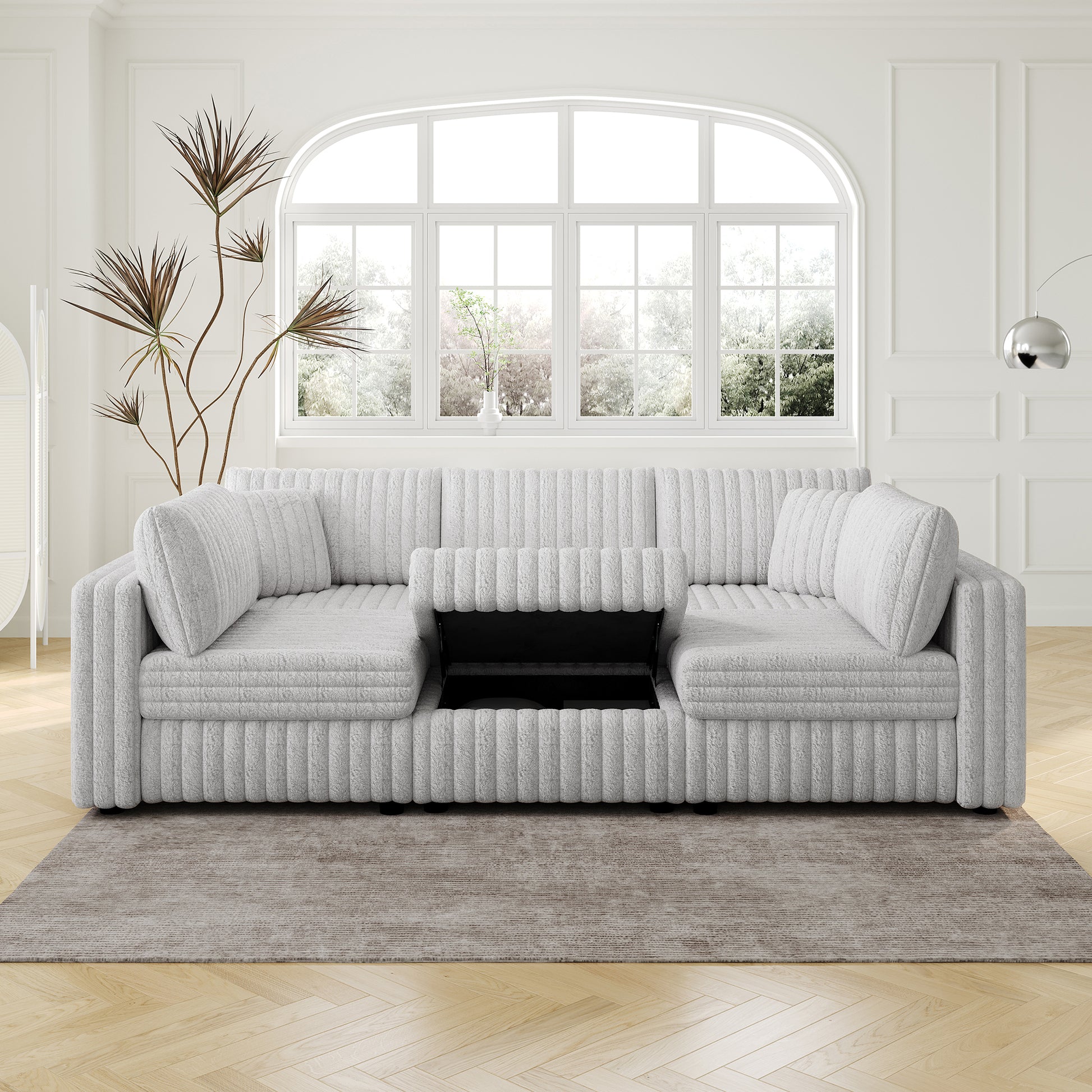 Light grey plush sectional sofa with ample storage and plush cushions ideal for modern living rooms