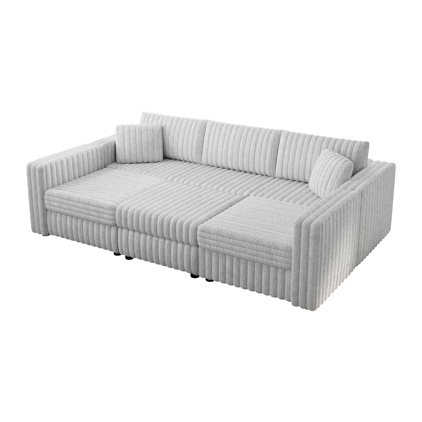 Modern grey boucle sectional sofa with ribbed texture and plush cushions ideal for living rooms