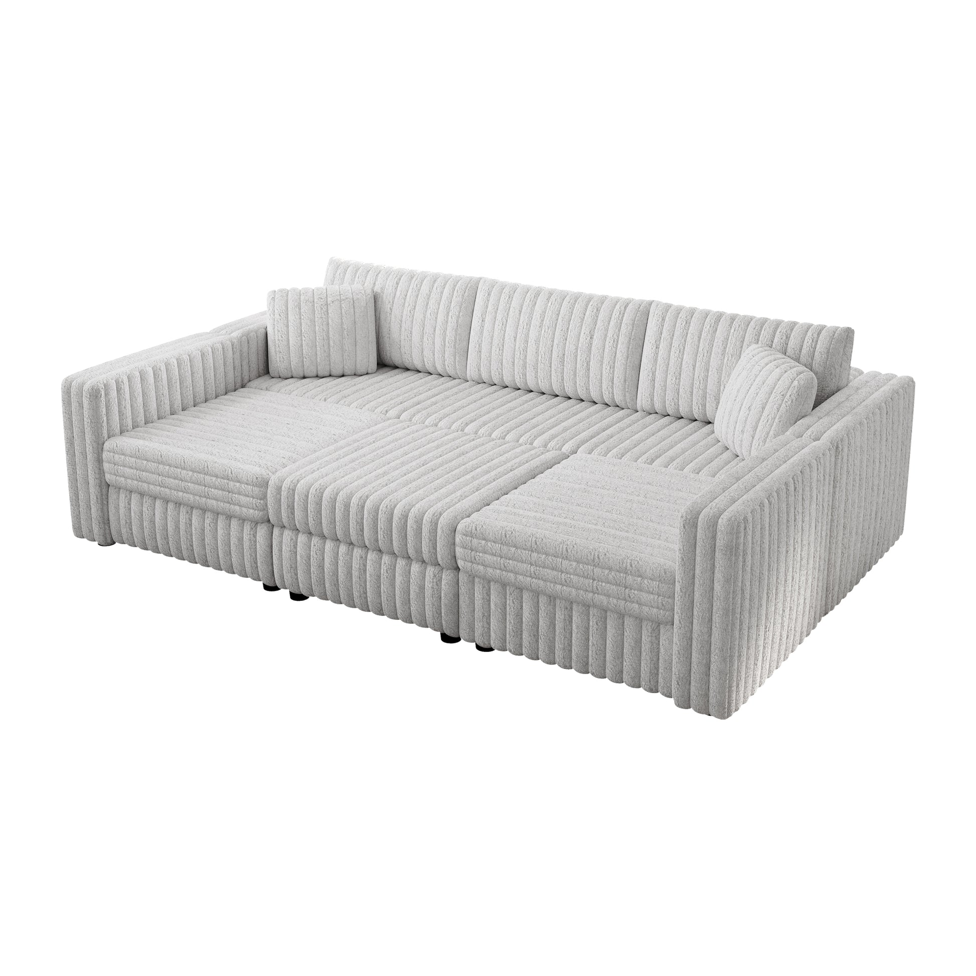 Modern grey boucle sectional sofa with ribbed texture and plush cushions ideal for living rooms
