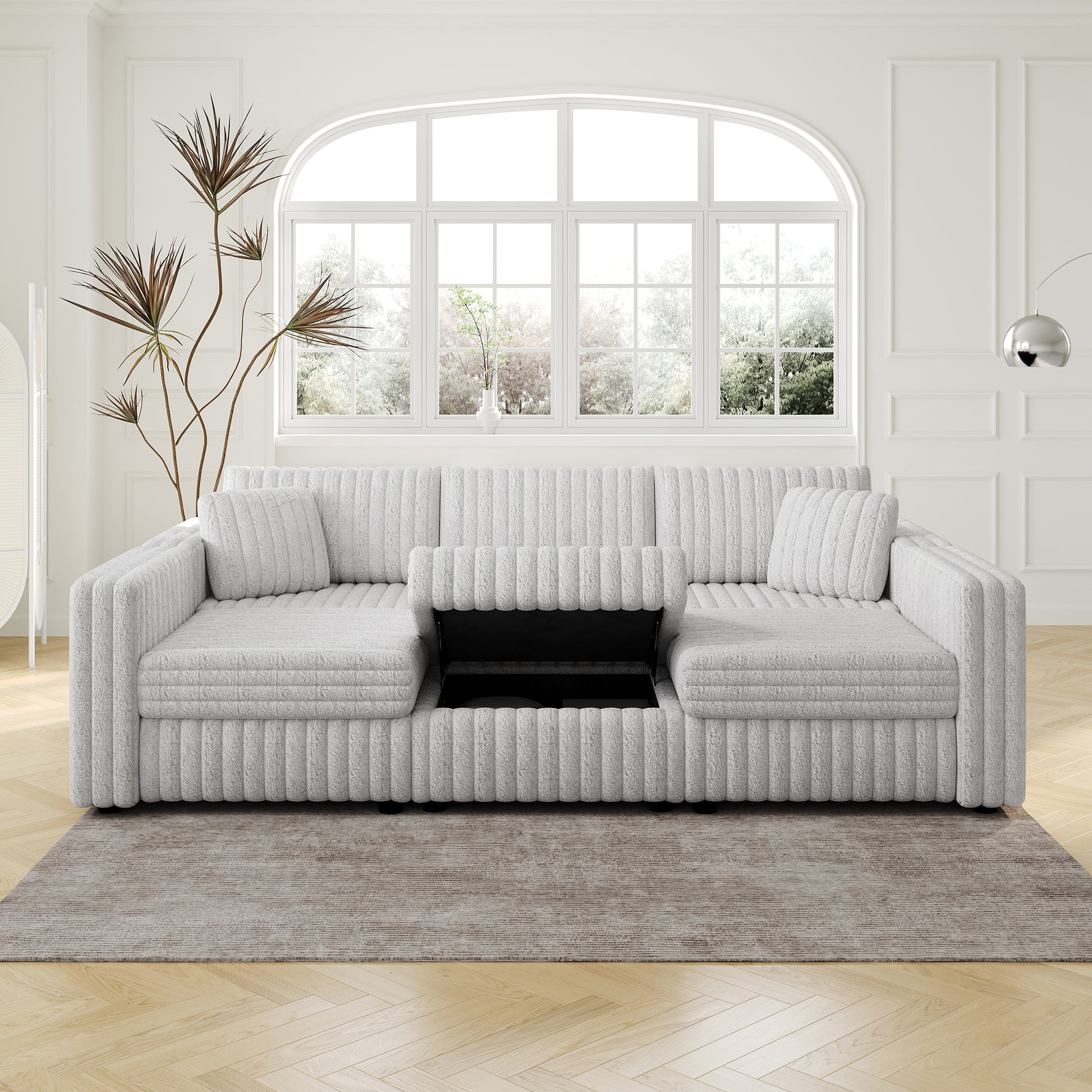 Light gray textured sectional sofa with hidden storage plush fabric for modern living rooms