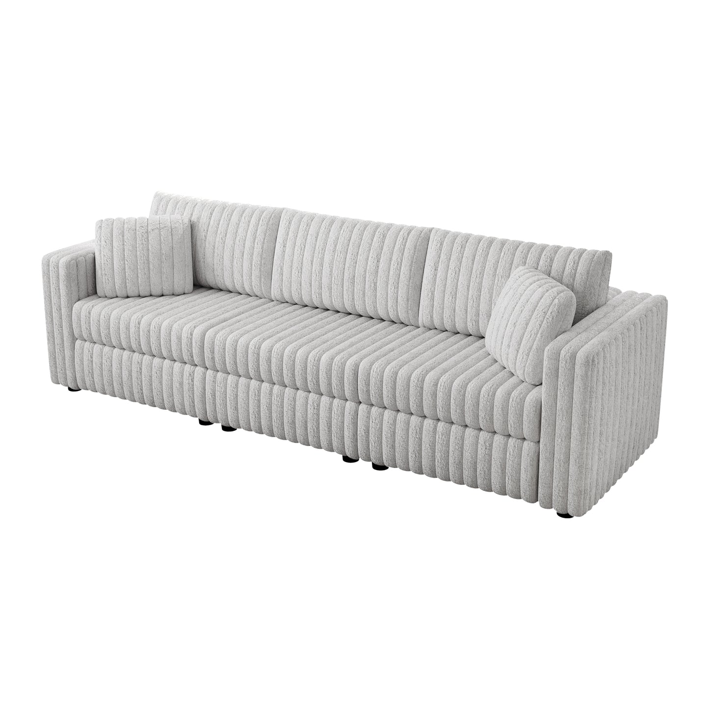Light grey plush sofa with vertical channel tufting and two square throw pillows