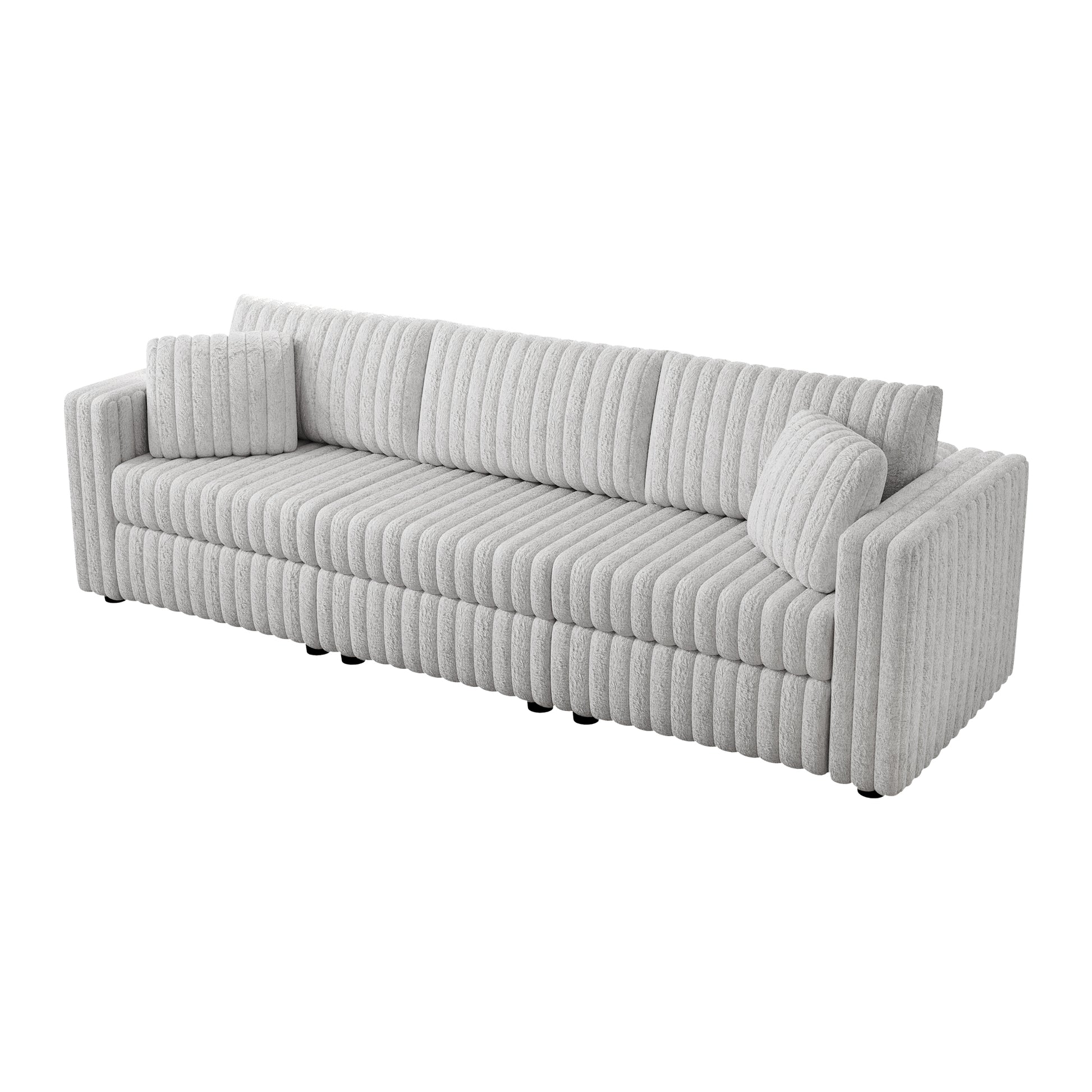 Light grey plush sofa with vertical channel tufting and two square throw pillows