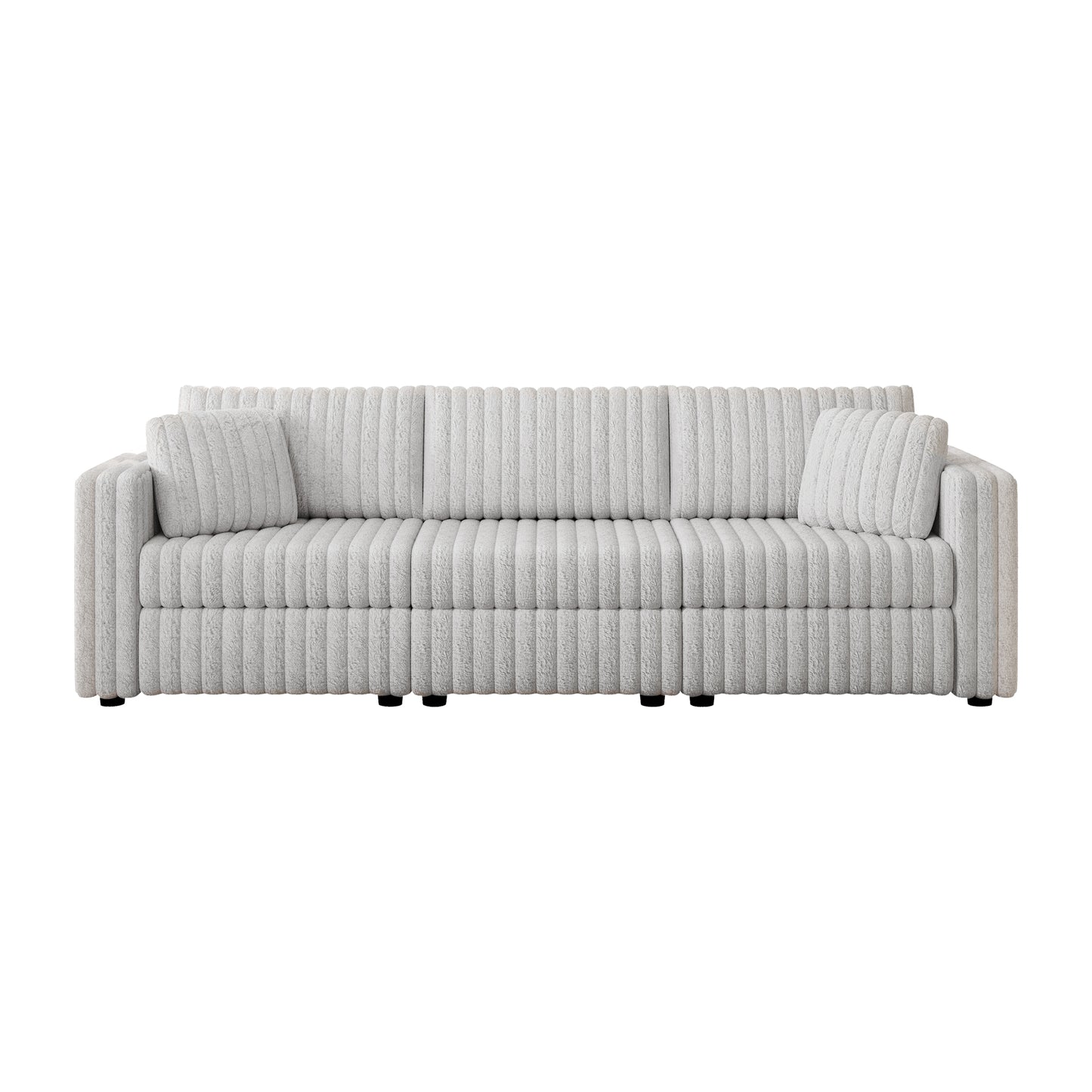 Plush grey fabric sofa with vertical channel tufting and two accent pillows perfect for modern living rooms