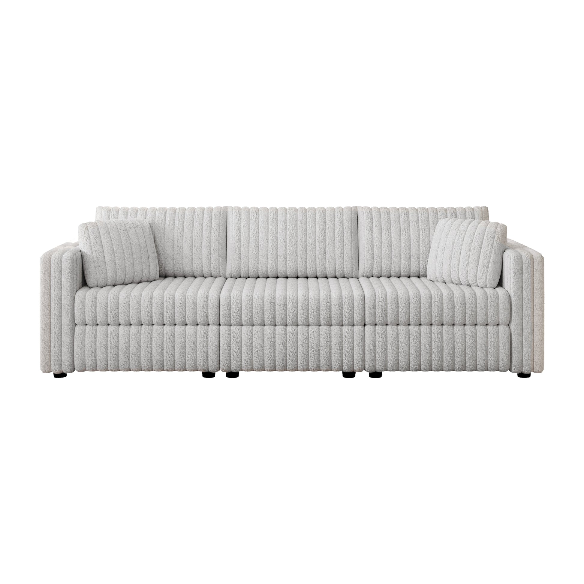 Plush grey fabric sofa with vertical channel tufting and two accent pillows perfect for modern living rooms
