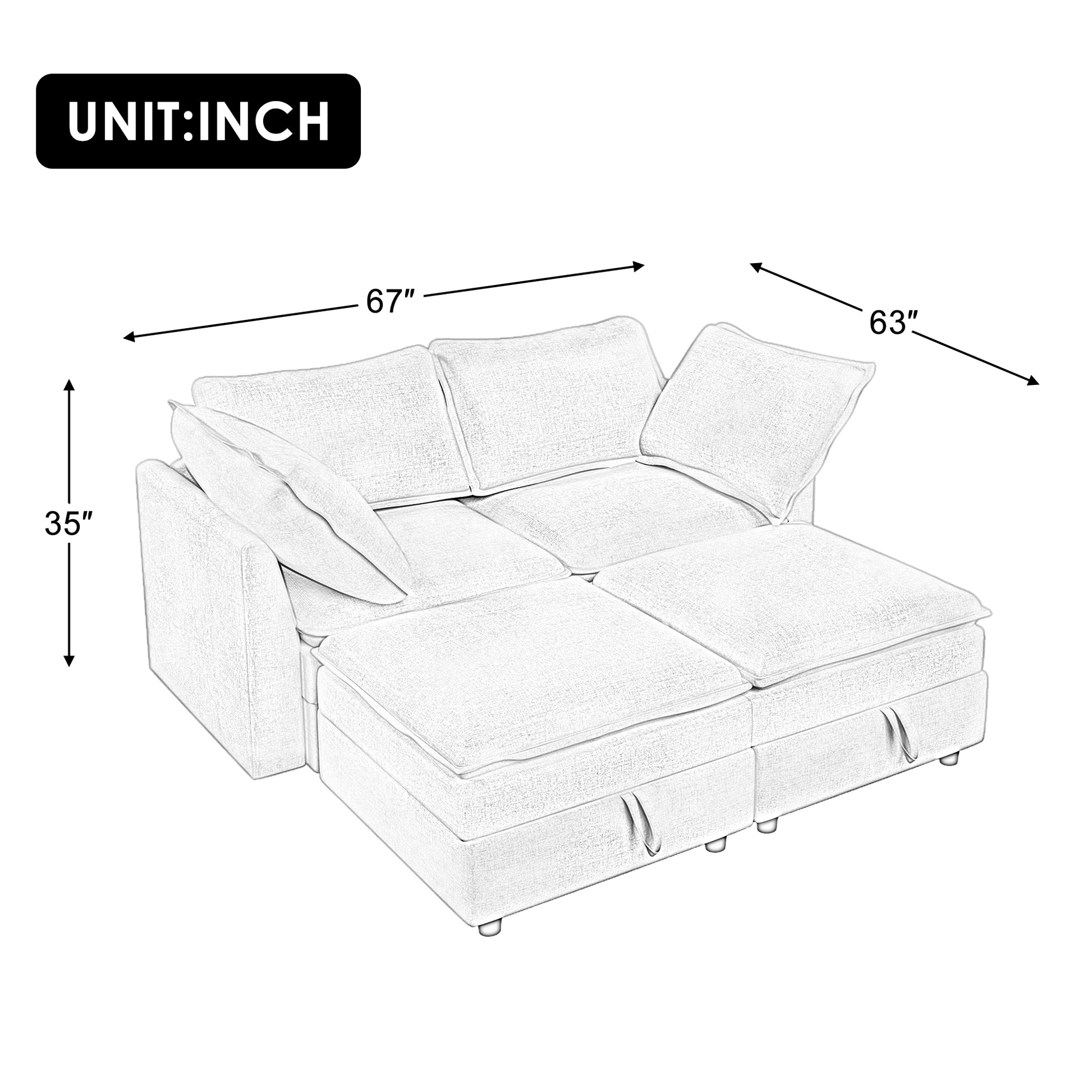 Sketch of a modern sectional sofa  wide with plush cushions and hidden storage compartments