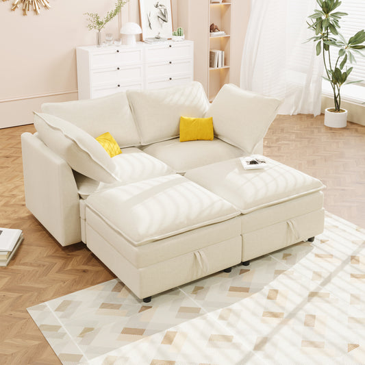Beige sectional sofa with plush cushions and a yellow accent pillow perfect for modern living rooms