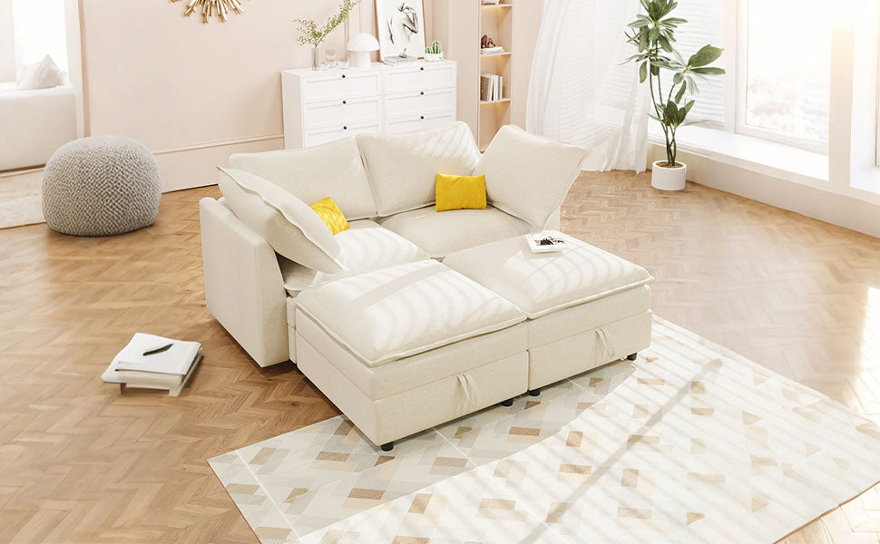 Cream sectional sofa with storage ottomans and yellow accent pillows