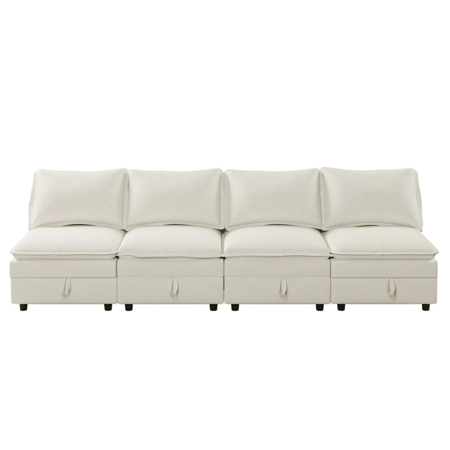 Fourseater modular linen sofa in cream with hidden storage compartments and pull tabs