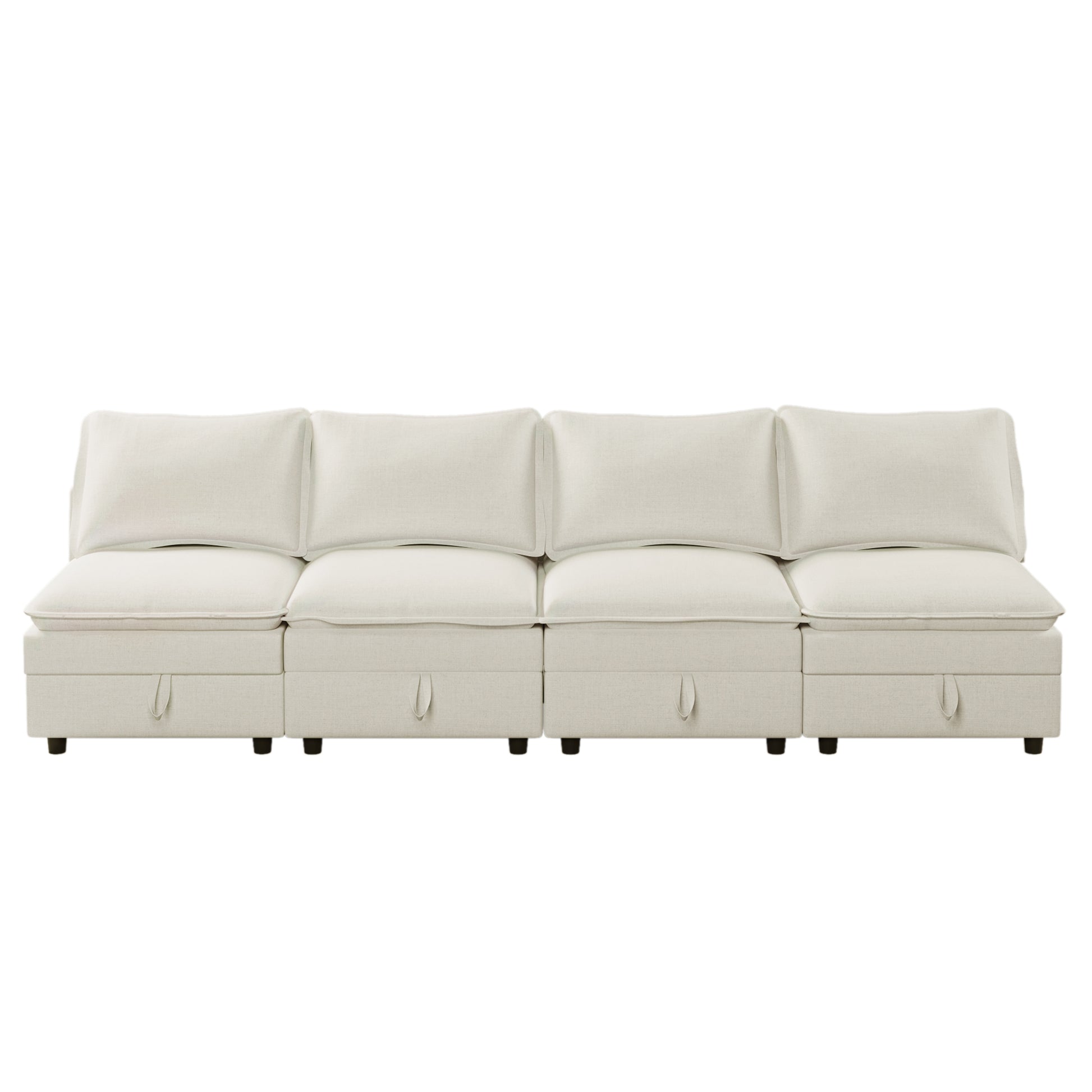 Fourseater modular linen sofa in cream with hidden storage compartments and pull tabs