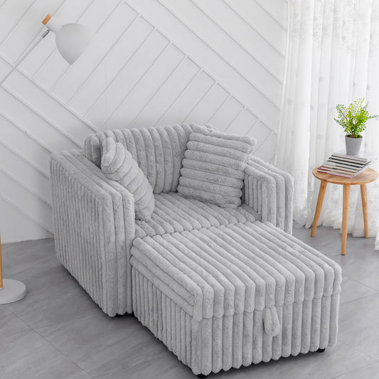 Plush grey corduroy sofa with matching ottoman and throw pillows cozy modern living room furniture