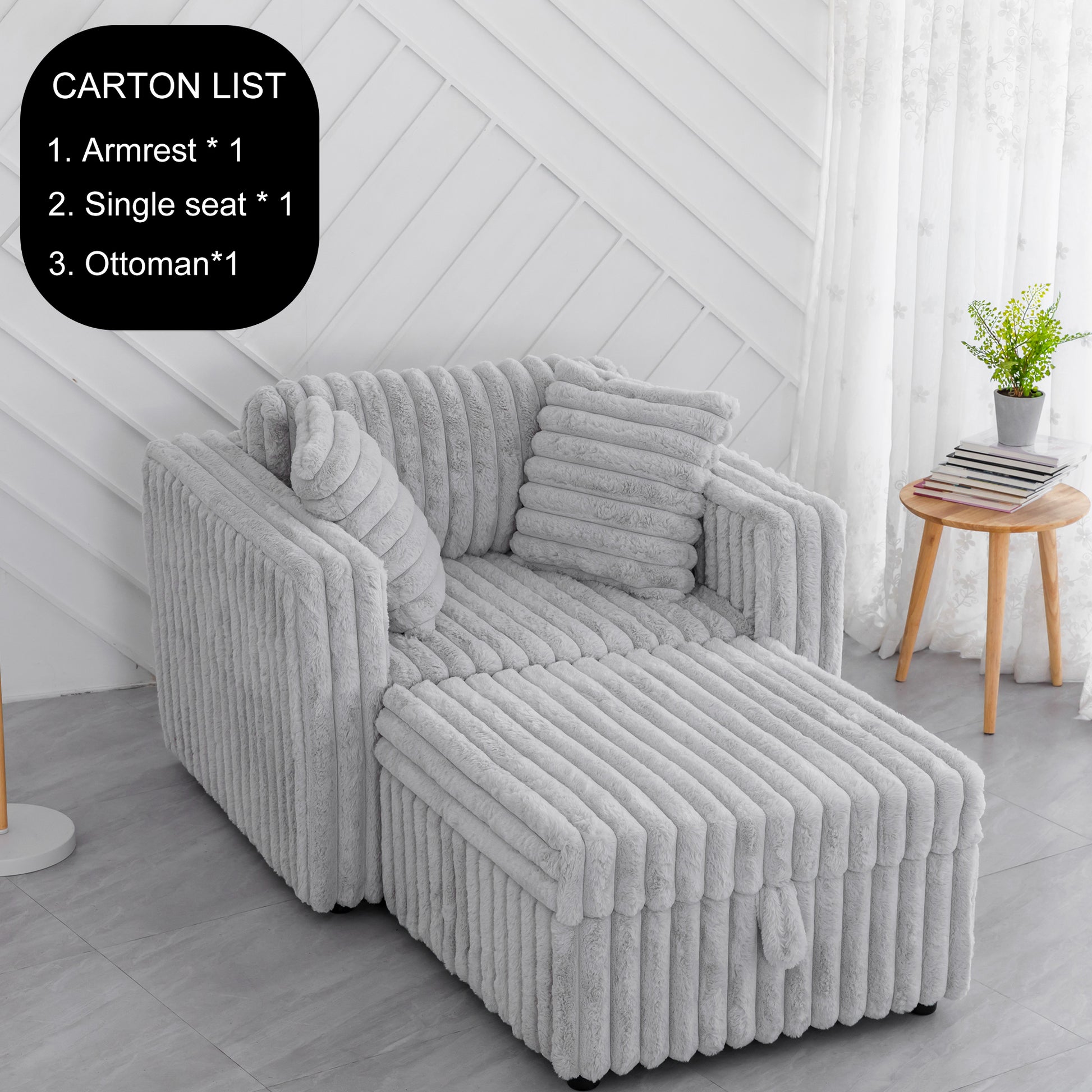 Plush grey corduroy modular sofa with matching ottoman and pillows