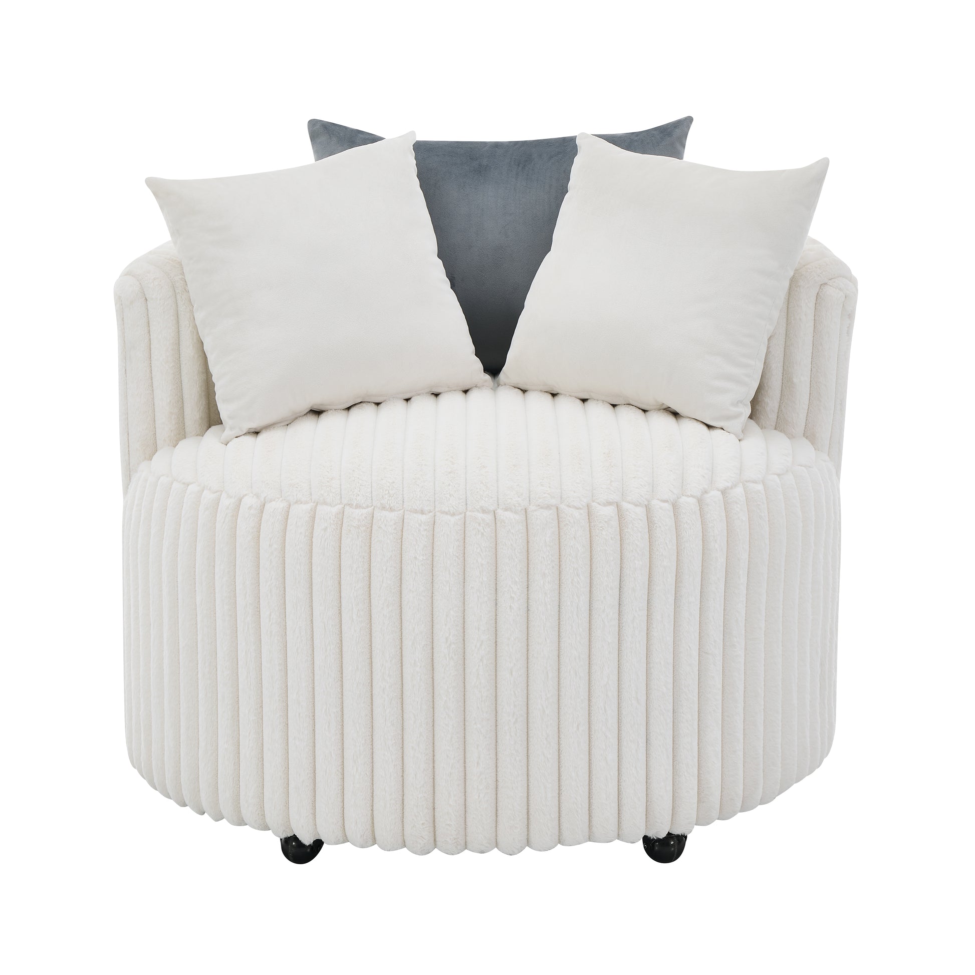 Cream textured accent chair with two white and one grey pillow