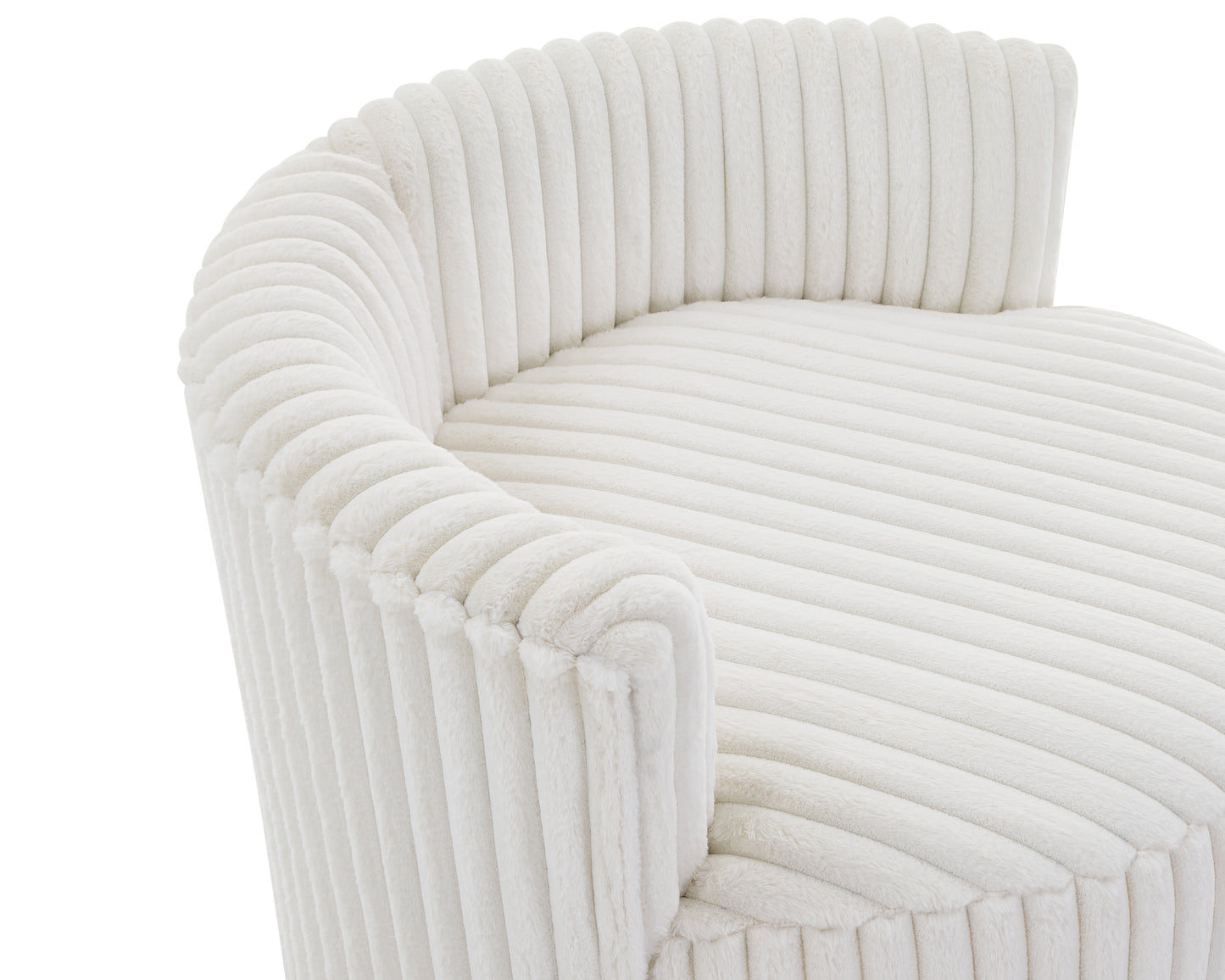 Close up of a plush white armchair with channel tufting and soft fur texture
