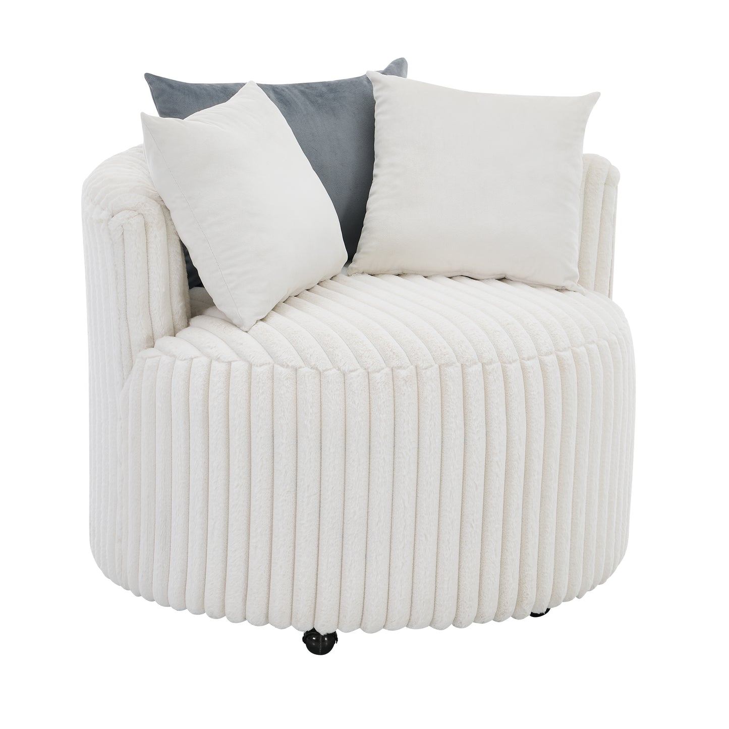 Plush cream barrel chair with ribbed texture and white  grey accent pillows