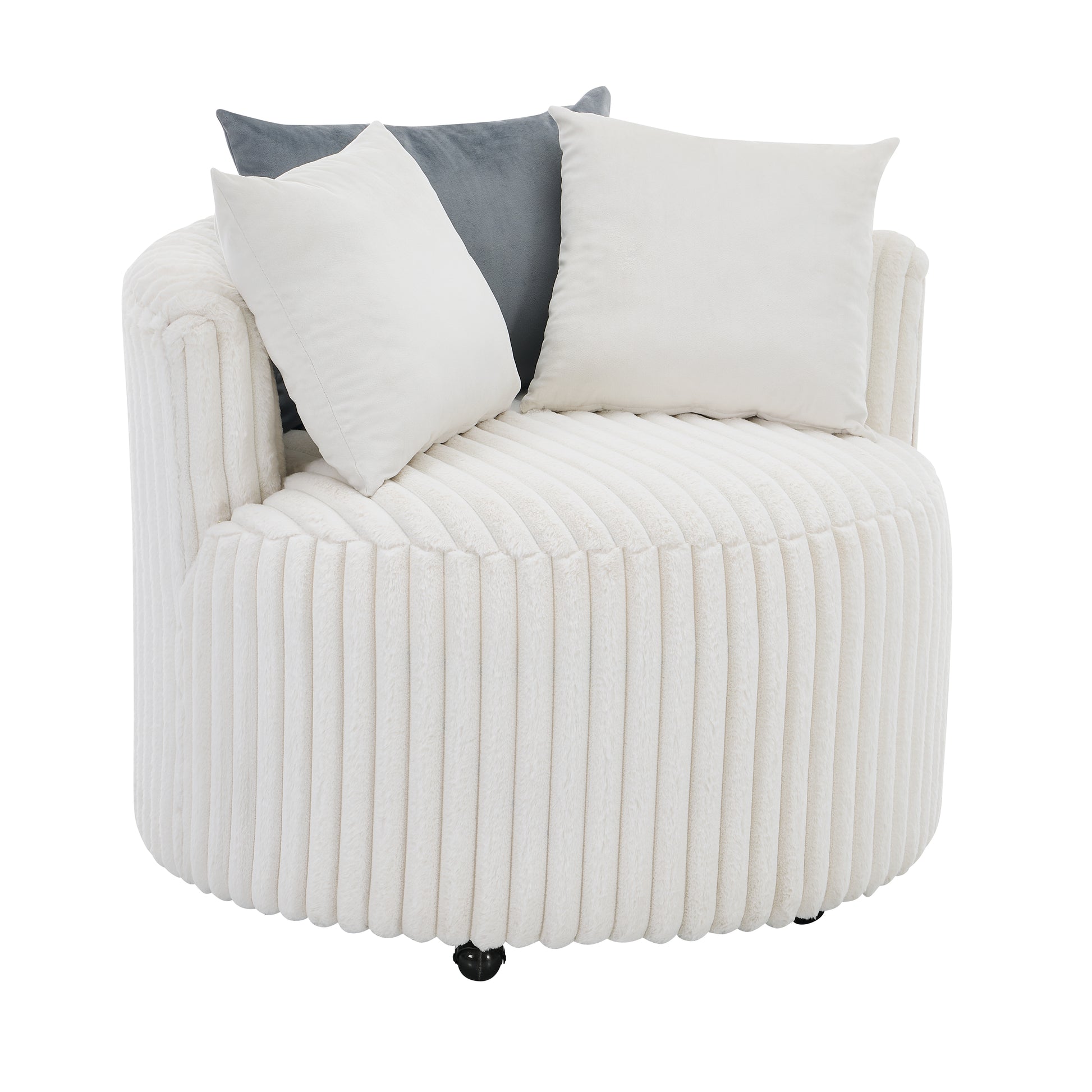 Plush cream barrel chair with ribbed texture and white  grey accent pillows