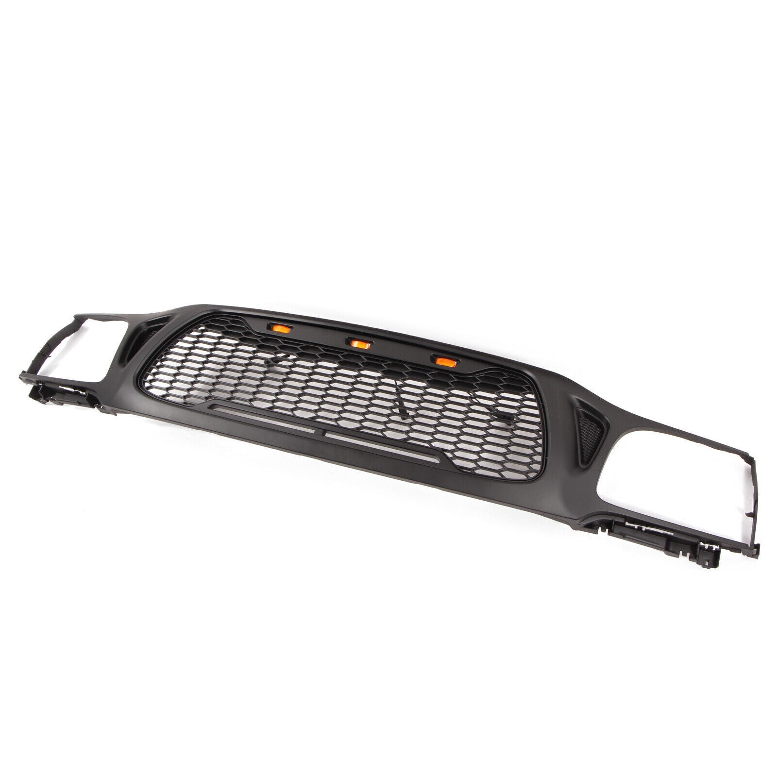 Black honeycomb grill with amber LED lights for automotive customization