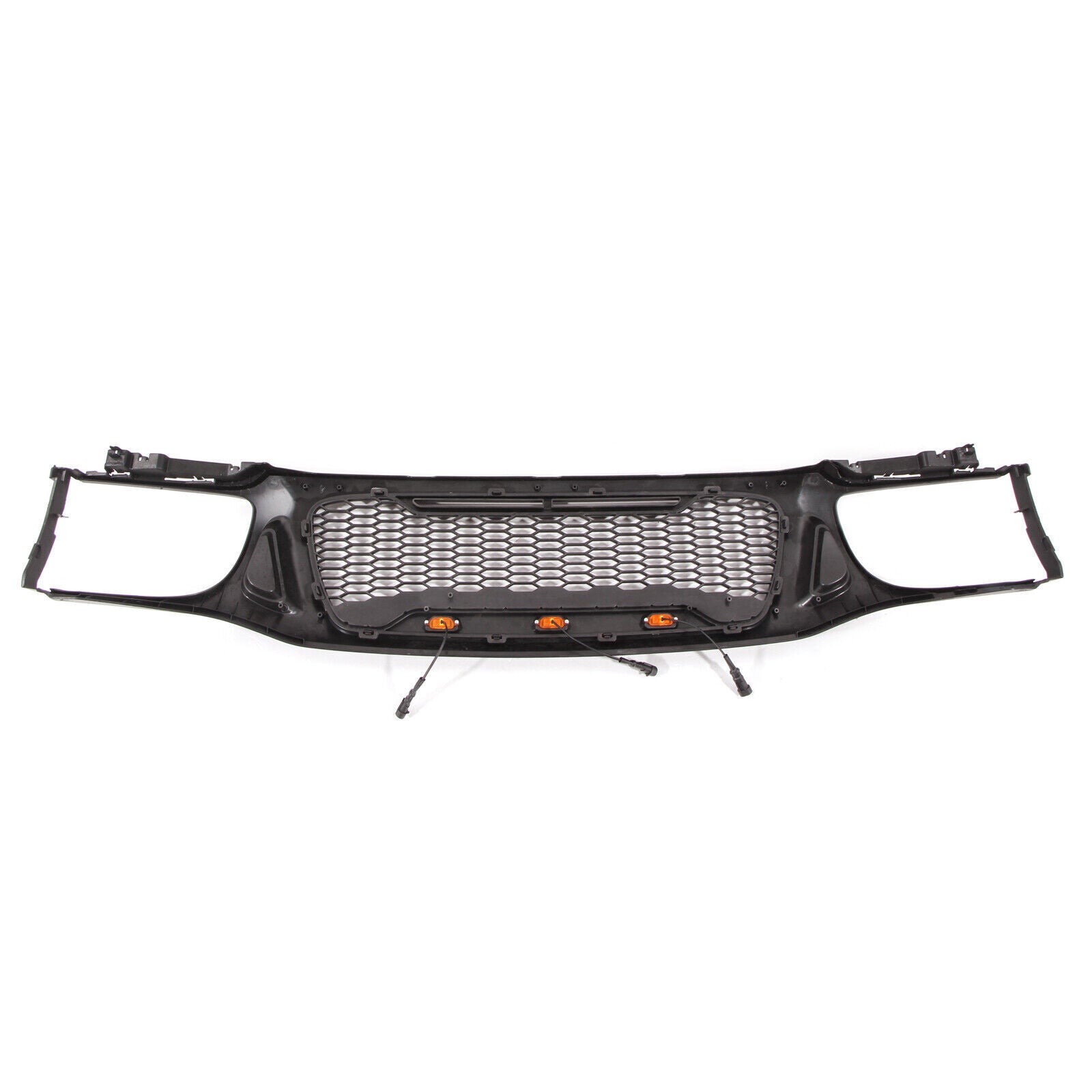 Black honeycomb front grill with amber LED lights for custom trucks