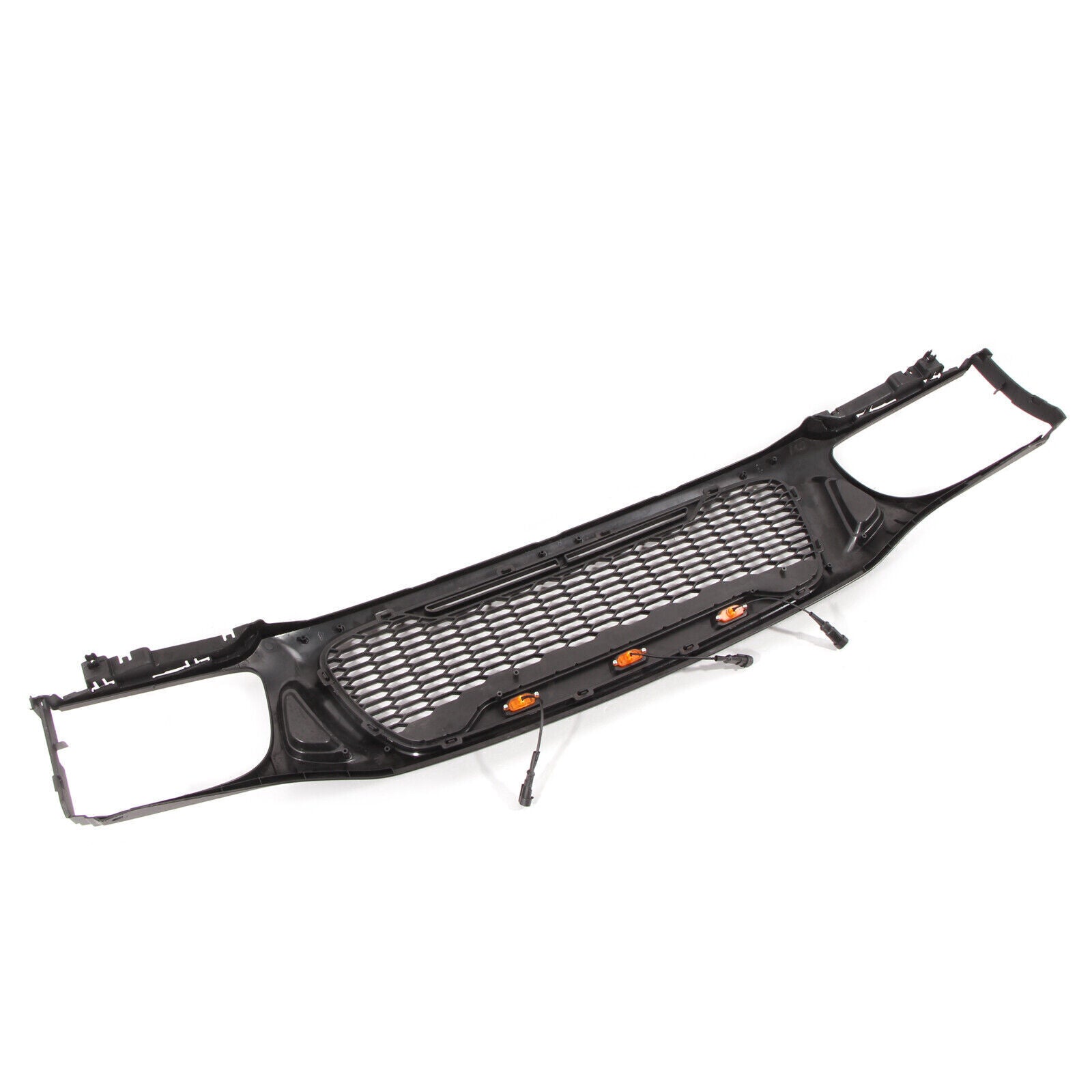 Black honeycomb grille with integrated amber marker lights for aftermarket vehicle customization