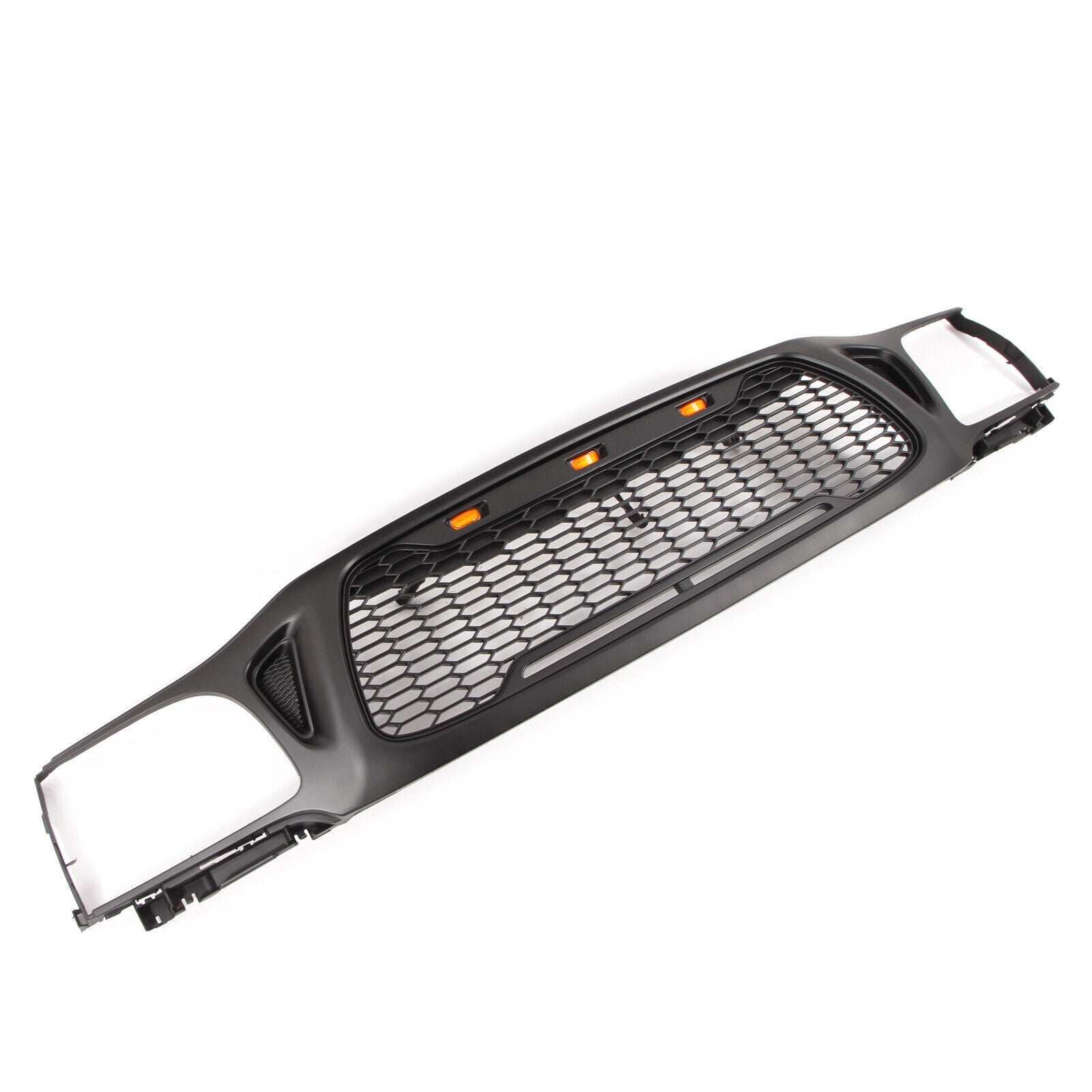 Black honeycomb front grille with amber LED lights for truck customization