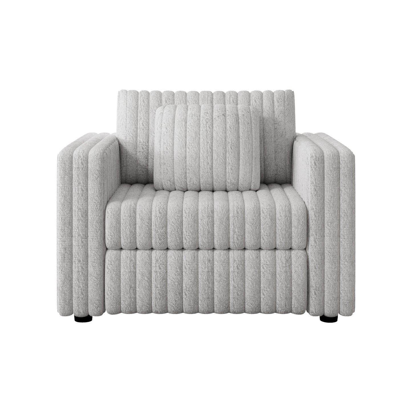 Modern grey boucle armchair with vertical channel tufting and plush accent pillow
