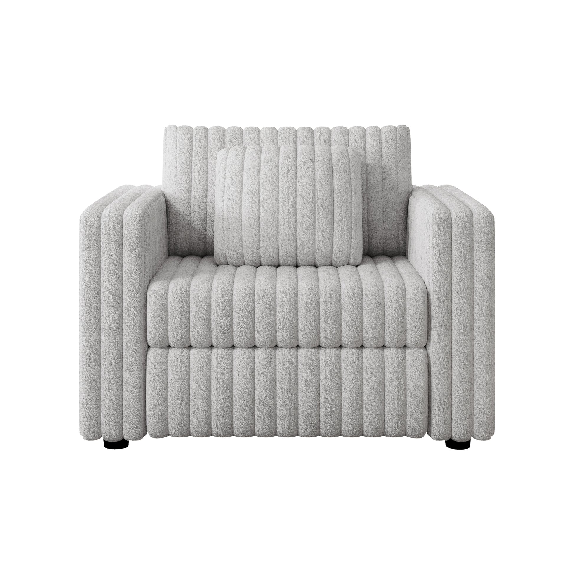 Modern grey boucle armchair with vertical channel tufting and plush accent pillow