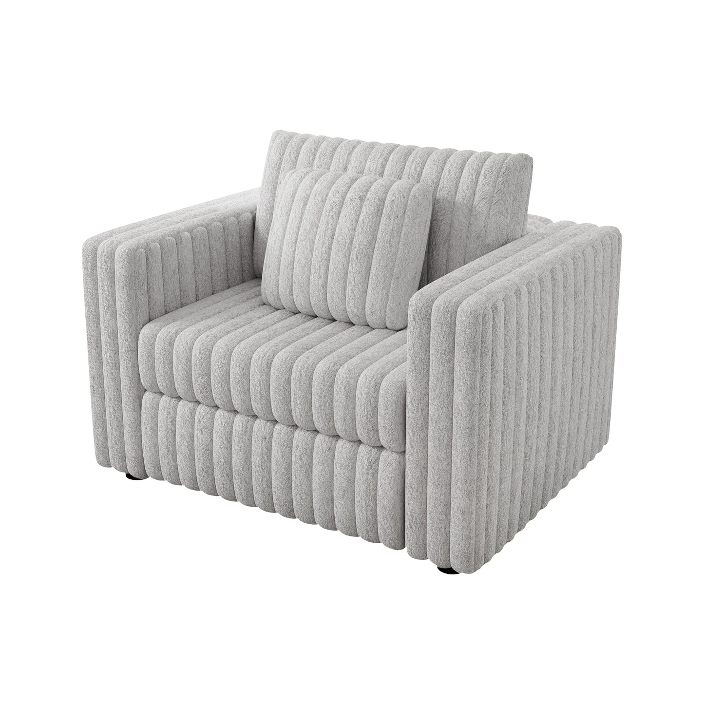 Textured gray armchair with plush fabric and vertical ribbed design for a modern living room