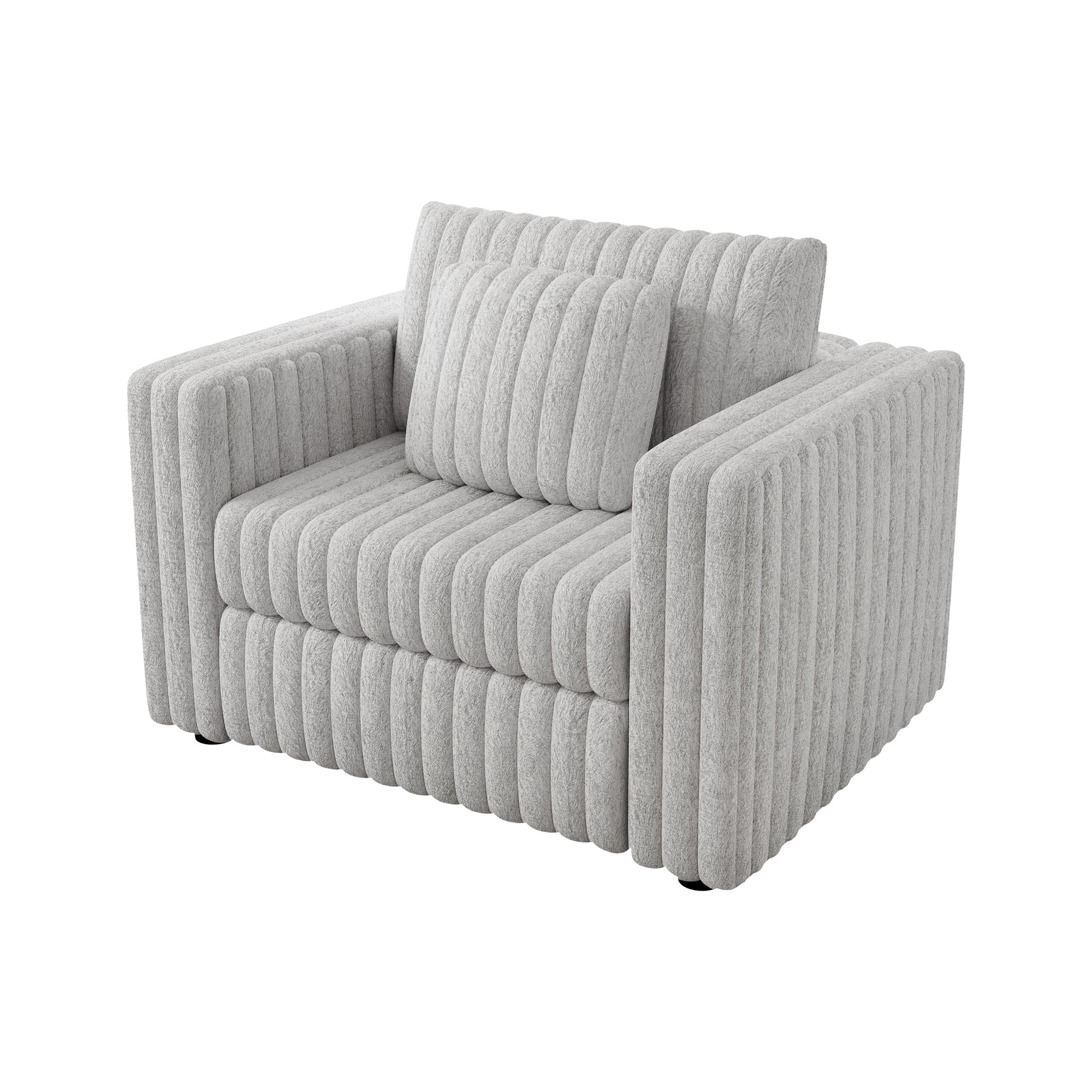 Textured gray armchair with plush fabric and vertical ribbed design for a modern living room