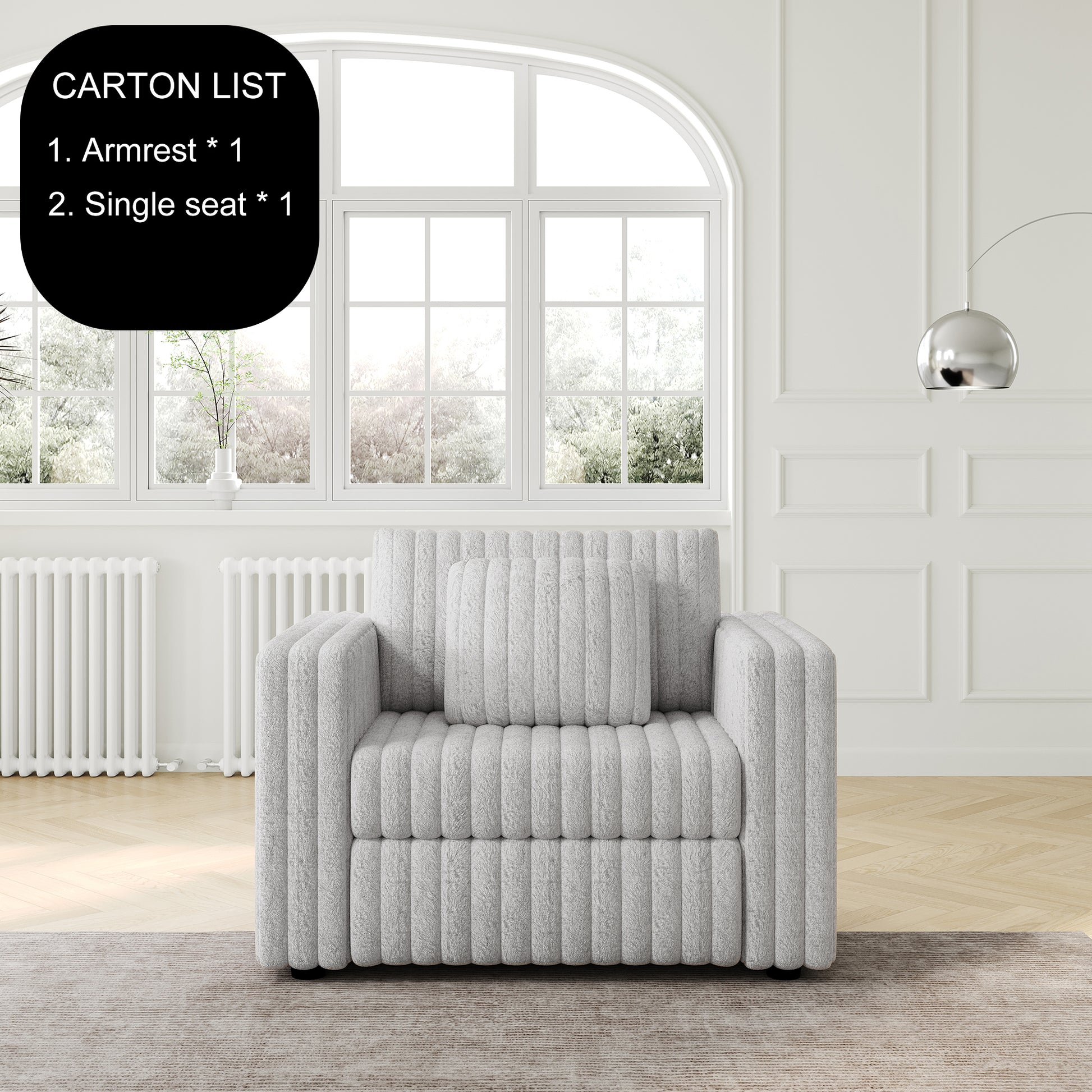 Plush light gray armchair with ribbed upholstery and a matching cushion