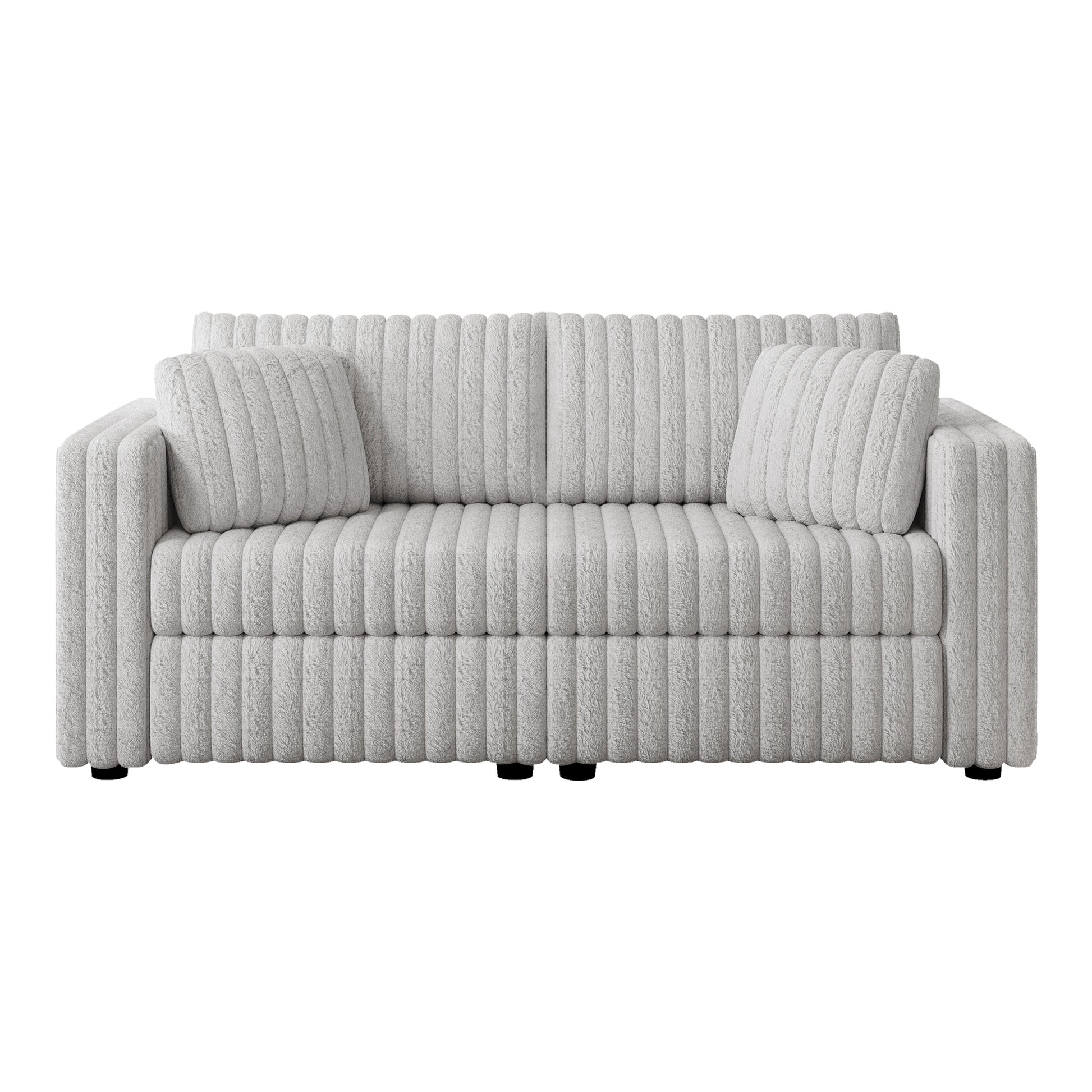 Textured light grey sofa with plush fabric and modern channeled design for living rooms