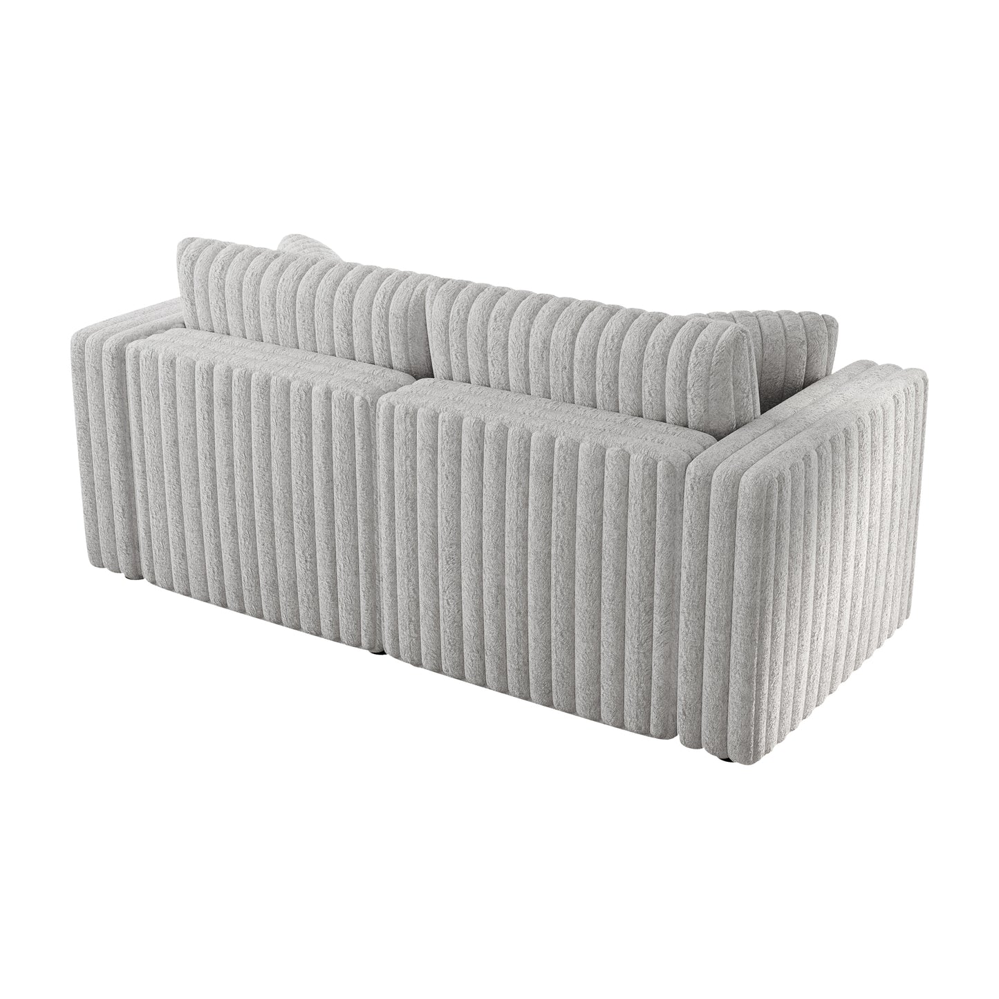 Light gray textured velvet sofa with channel tufting on back and sides