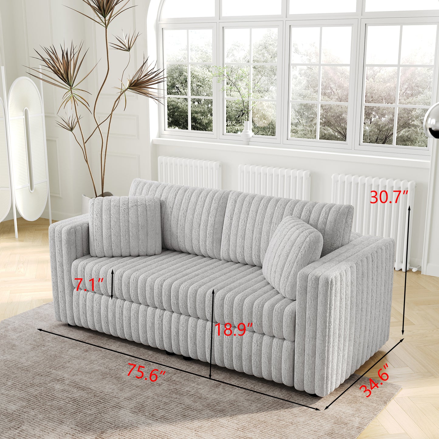 Light grey ribbed velvet sofa with two lumbar pillows dimensions  W x  D