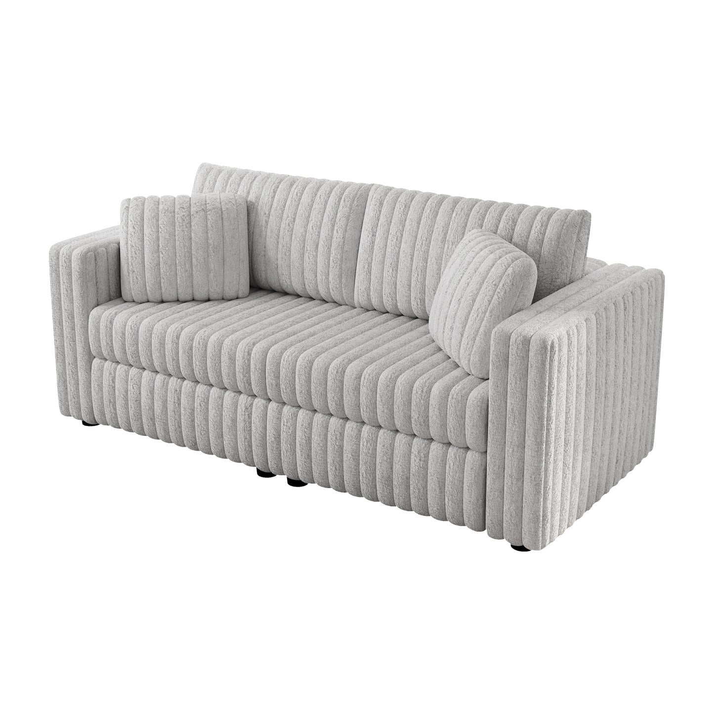 Plush light gray textured sofa with piped cushions and accent pillows