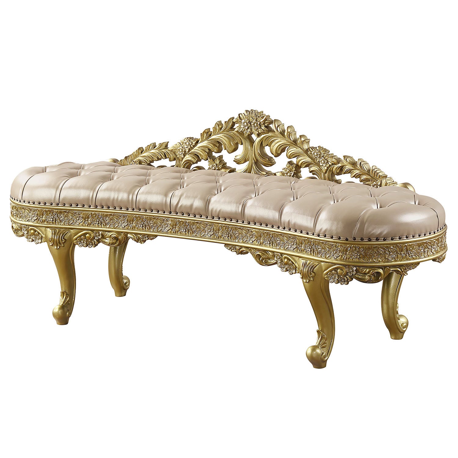 Tufted ivory leather bench with ornate gold carved frame and cabriole legs