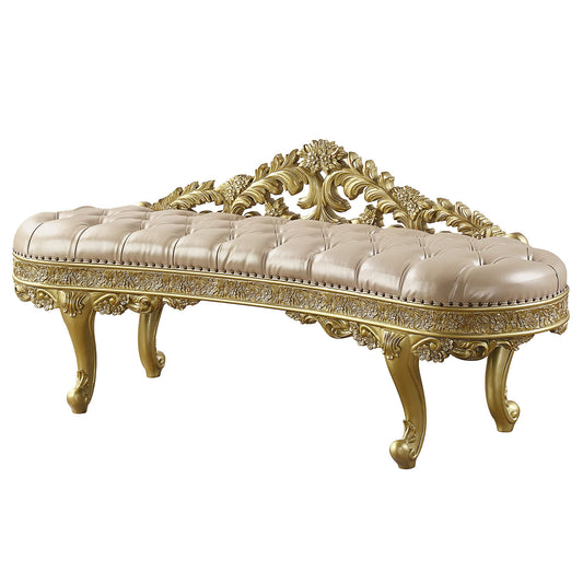 Tufted ivory leather bench with ornate gold carved frame and cabriole legs