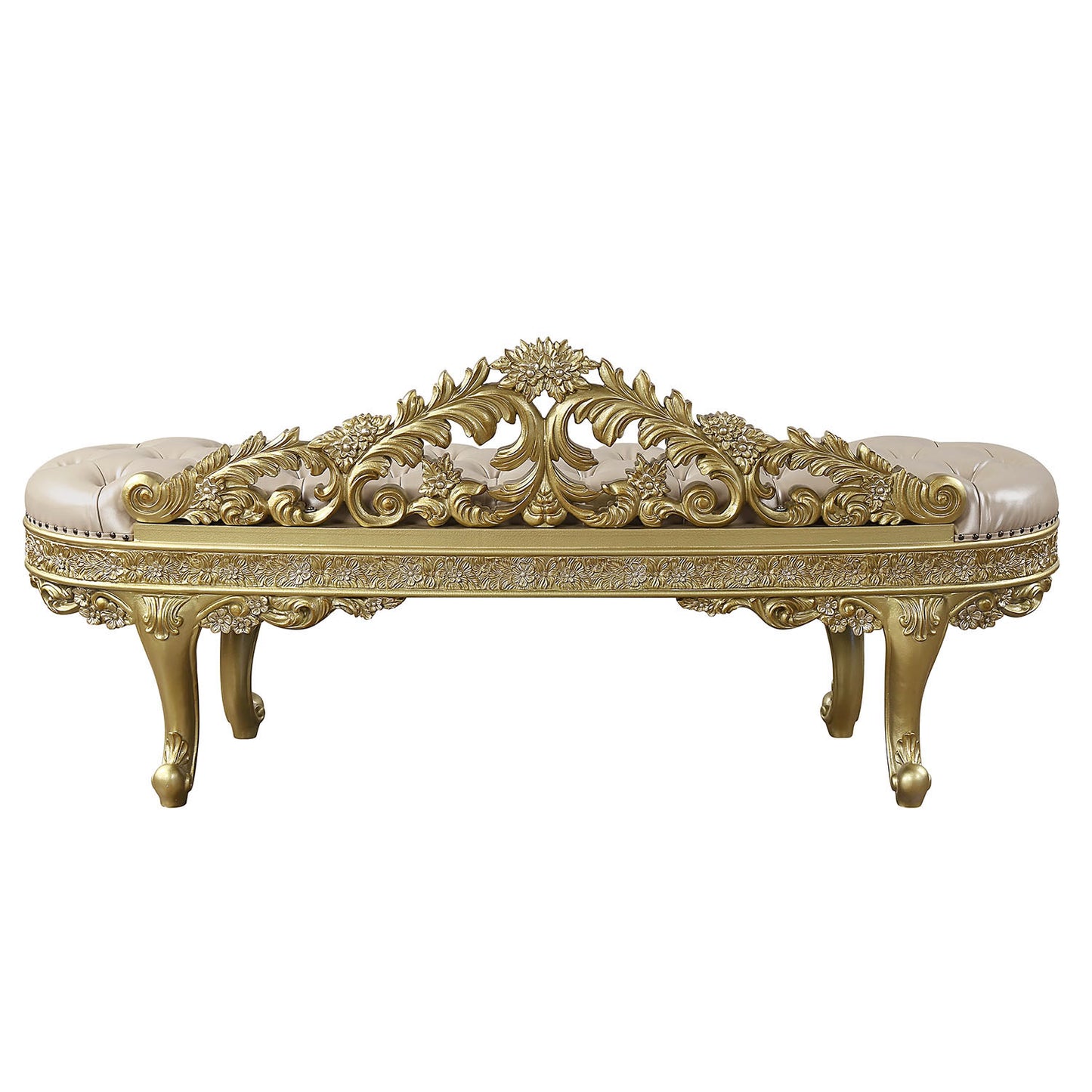 Luxury gold carved chaise lounge with tufted beige upholstery and ornate floral accents