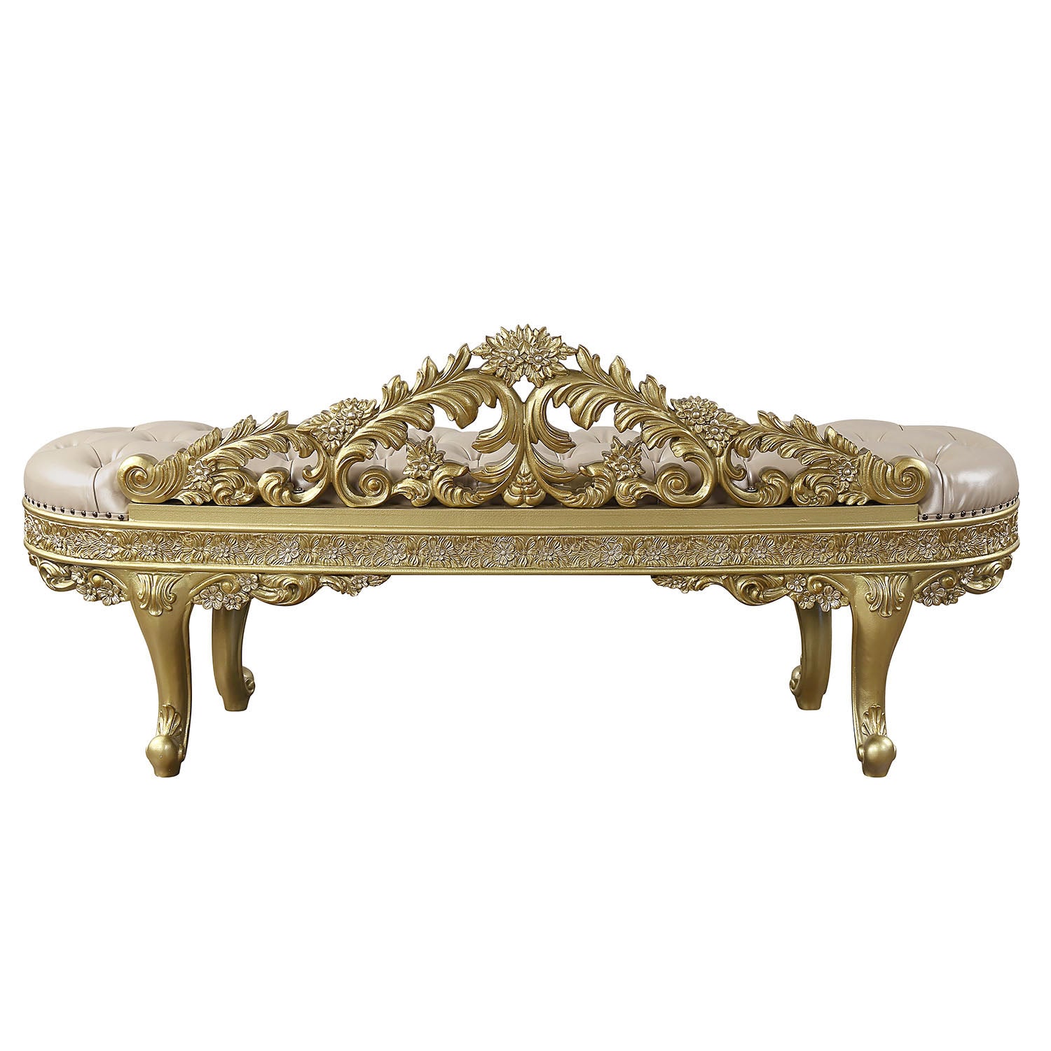Luxury gold carved chaise lounge with tufted beige upholstery and ornate floral accents
