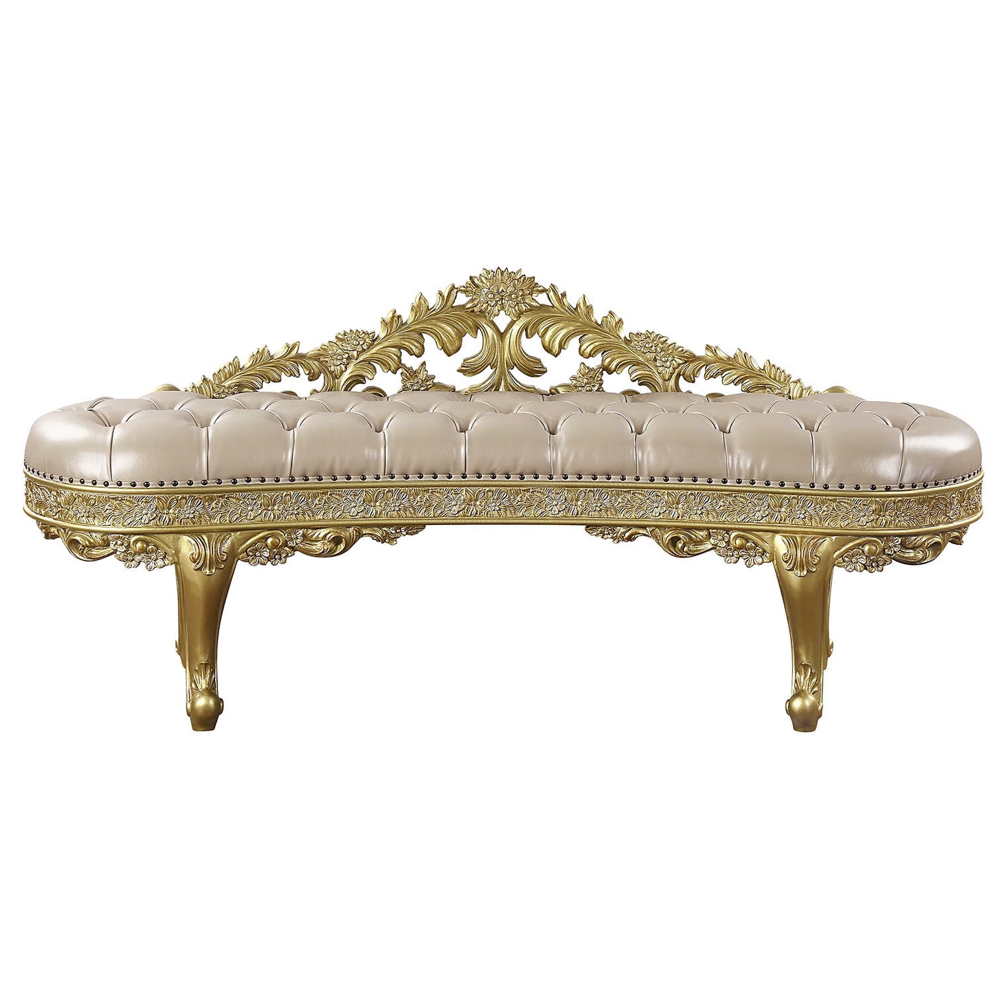 Ornate tufted beige bench with gold carved accents and legs