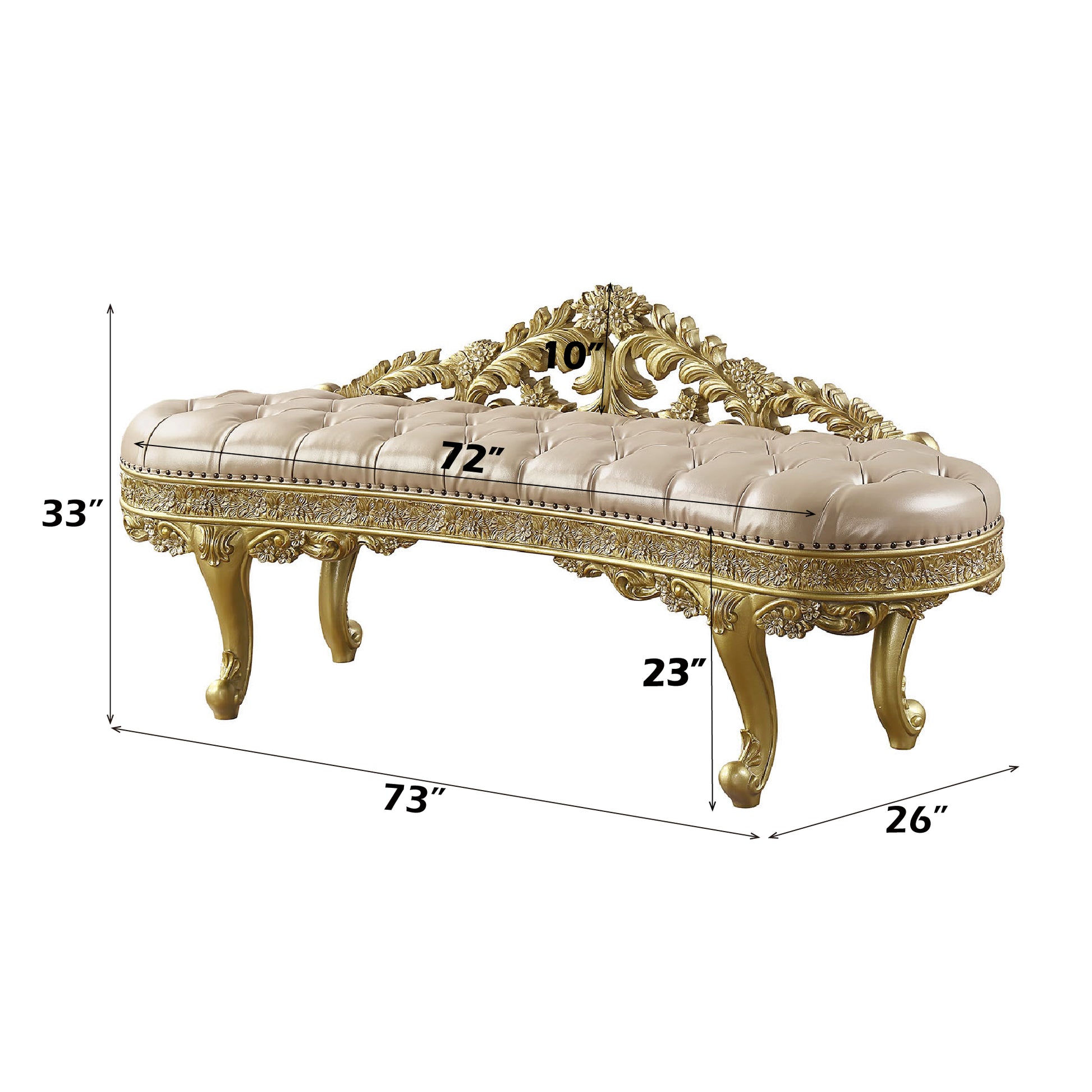 Tufted cream leather bench with ornate gold carved wood frame and legs