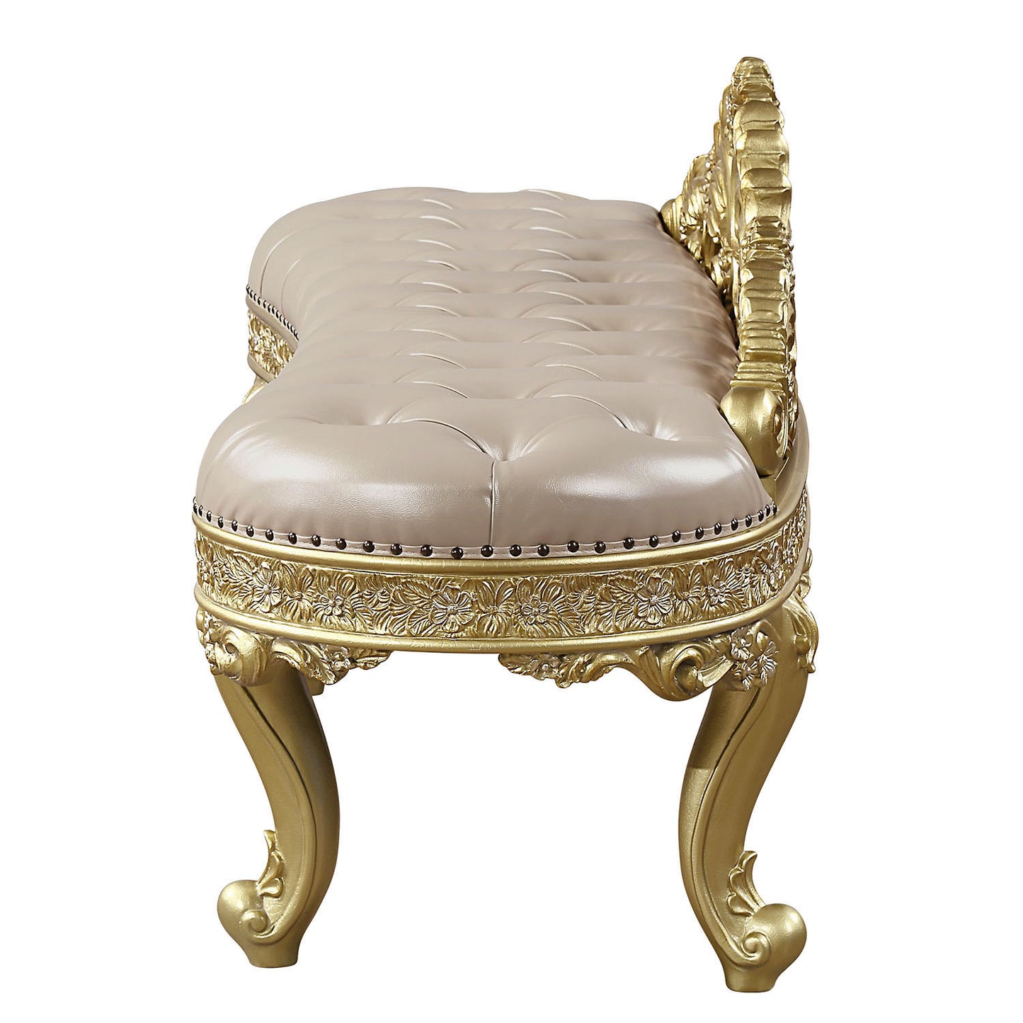 Ornate gold bench with tufted cream leather seat