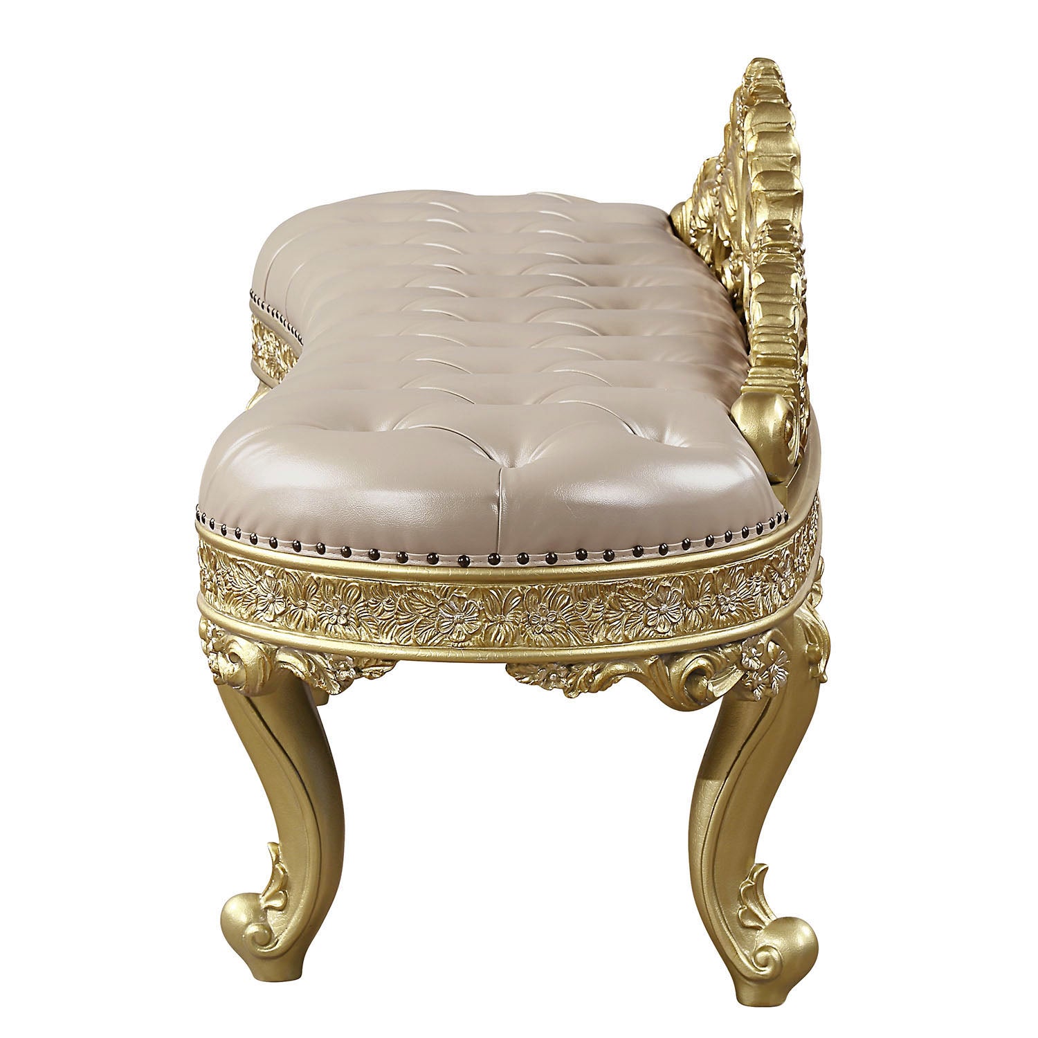Ornate gold bench with tufted cream leather seat