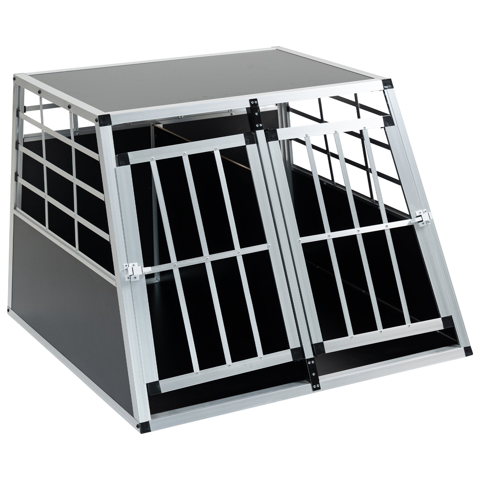 Sleek aluminum and black dog crate with double doors perfect for travel