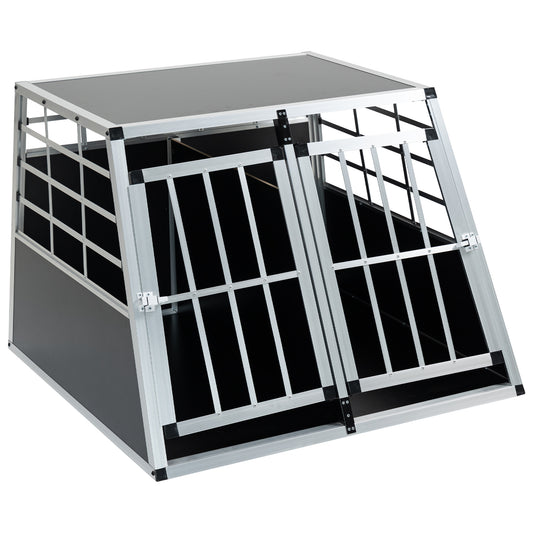 Sleek aluminum and black dog crate with double doors perfect for travel
