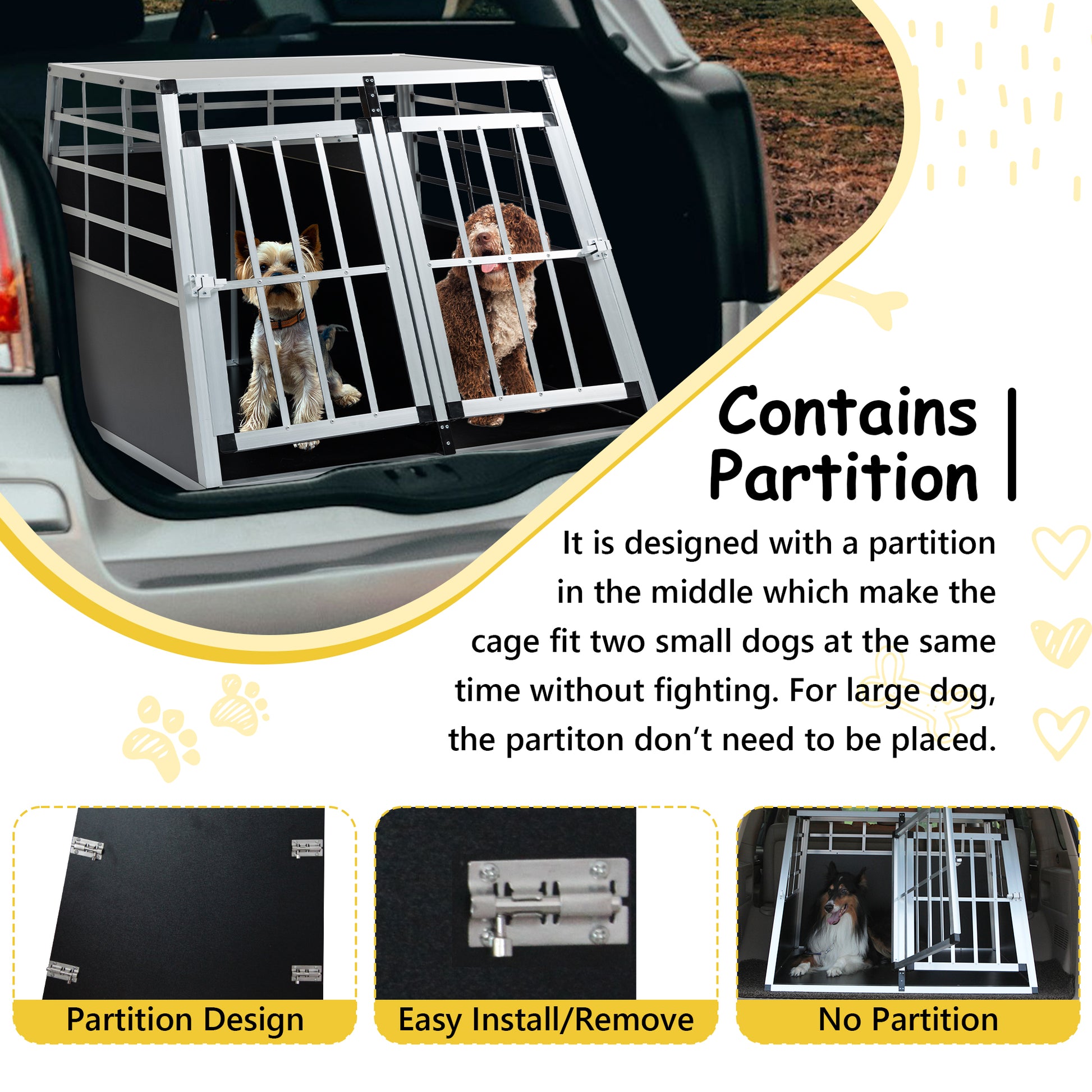 Silver aluminum dog crate with partition for travel in car trunk with small dogs