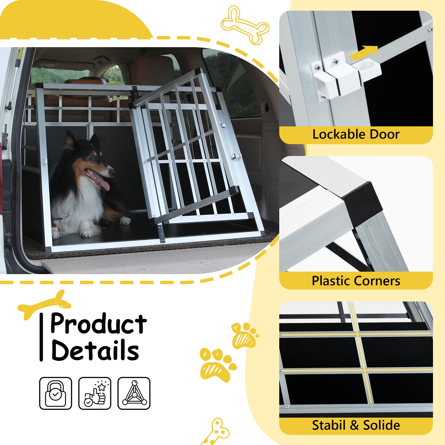Shetland Sheepdog inside a durable aluminum dog crate with lockable door for travel