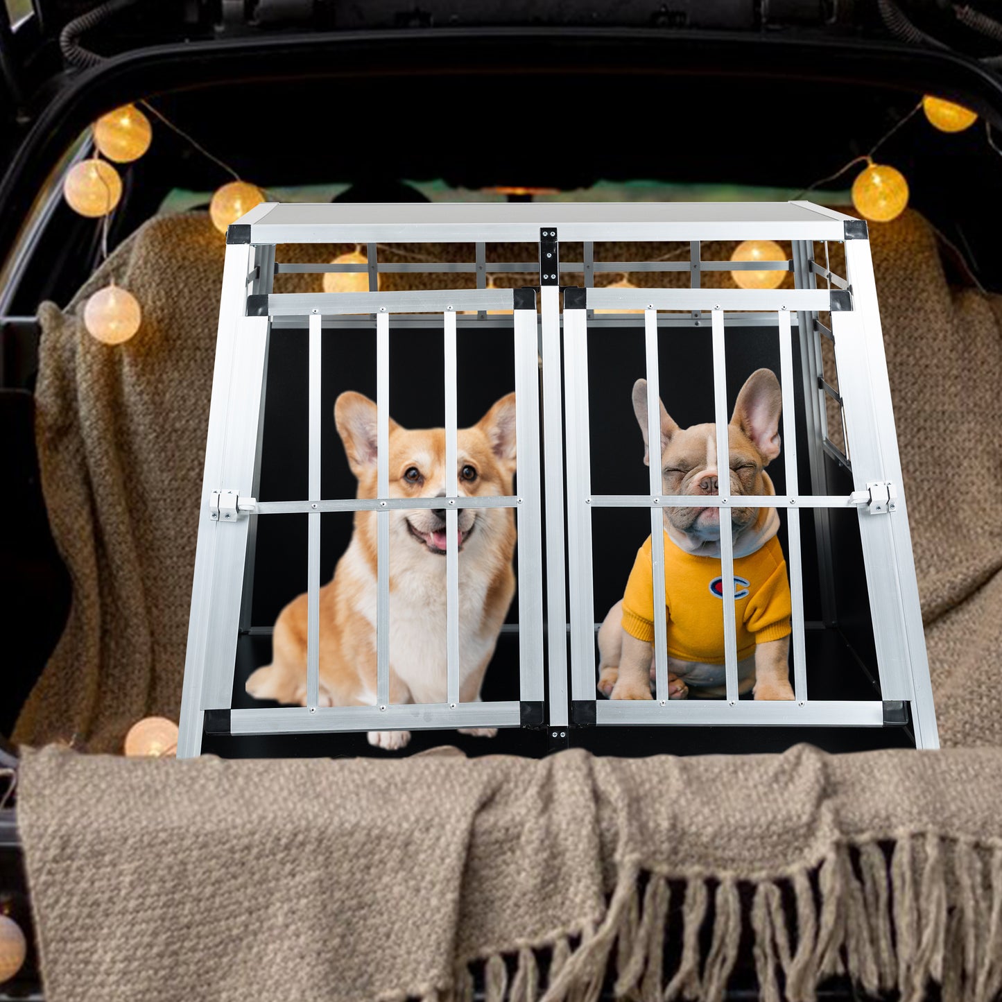 Aluminum dog crate with two dogs a Corgi and a French Bulldog inside a vehicle