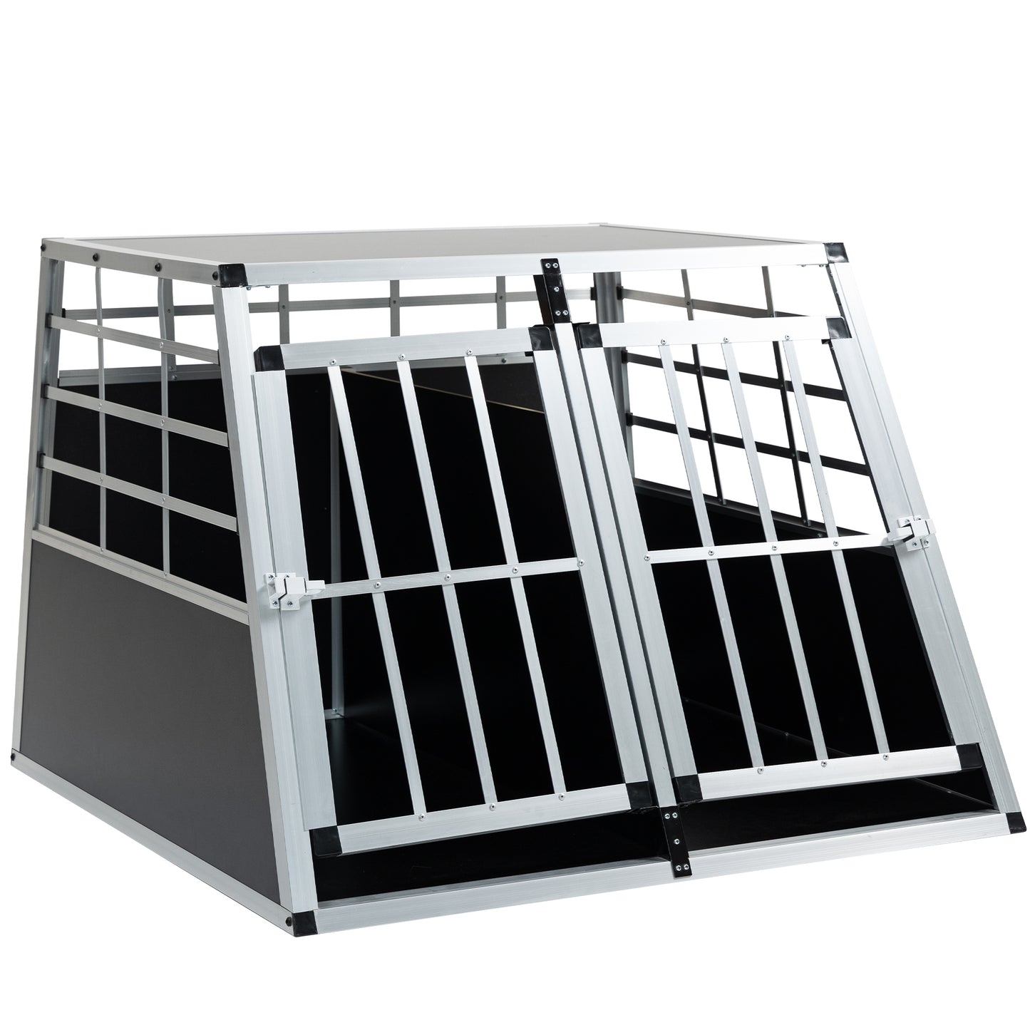 Twodoor aluminum dog crate with black panels and silver bars suitable for travel