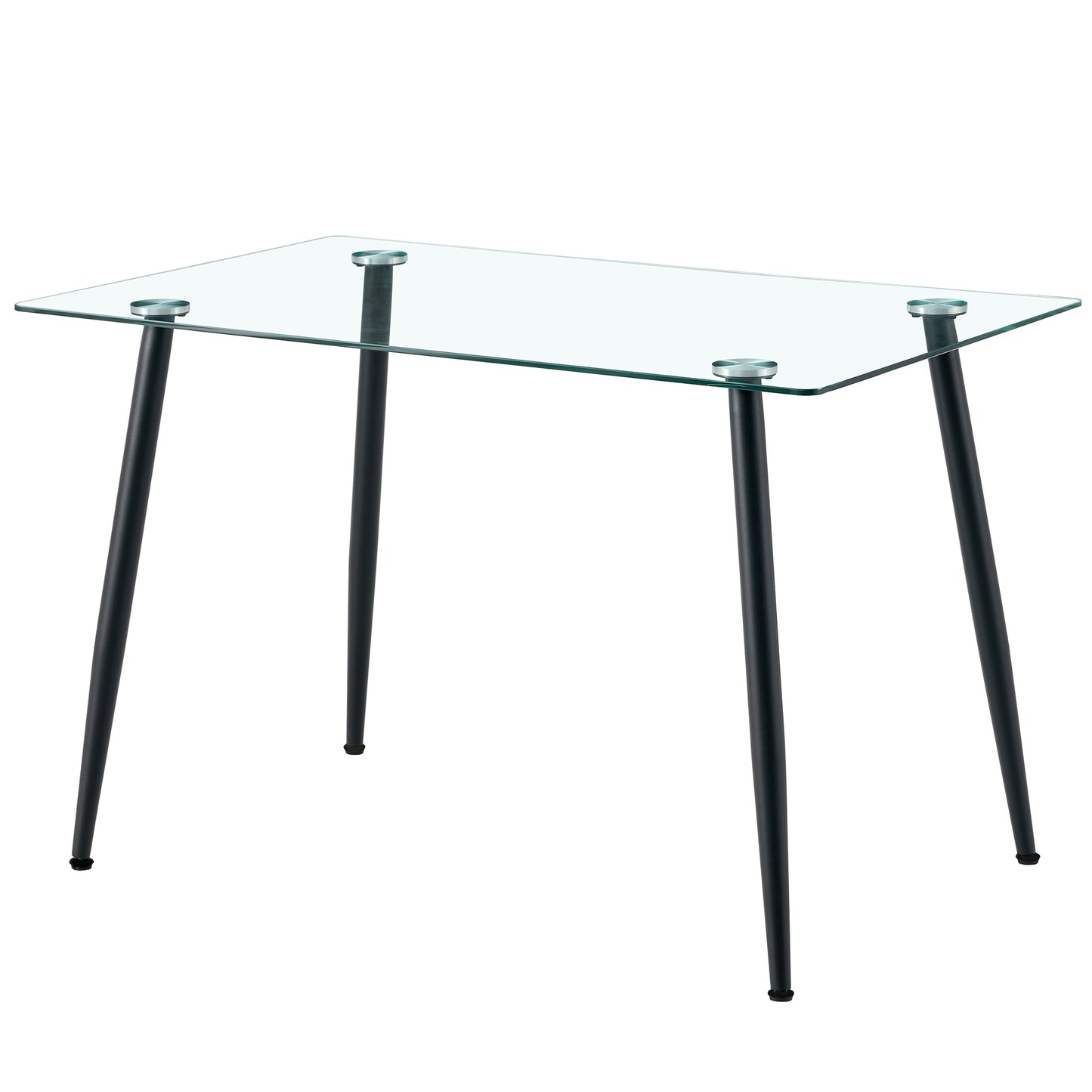 Clear glass dining table with black tapered legs and silver accents