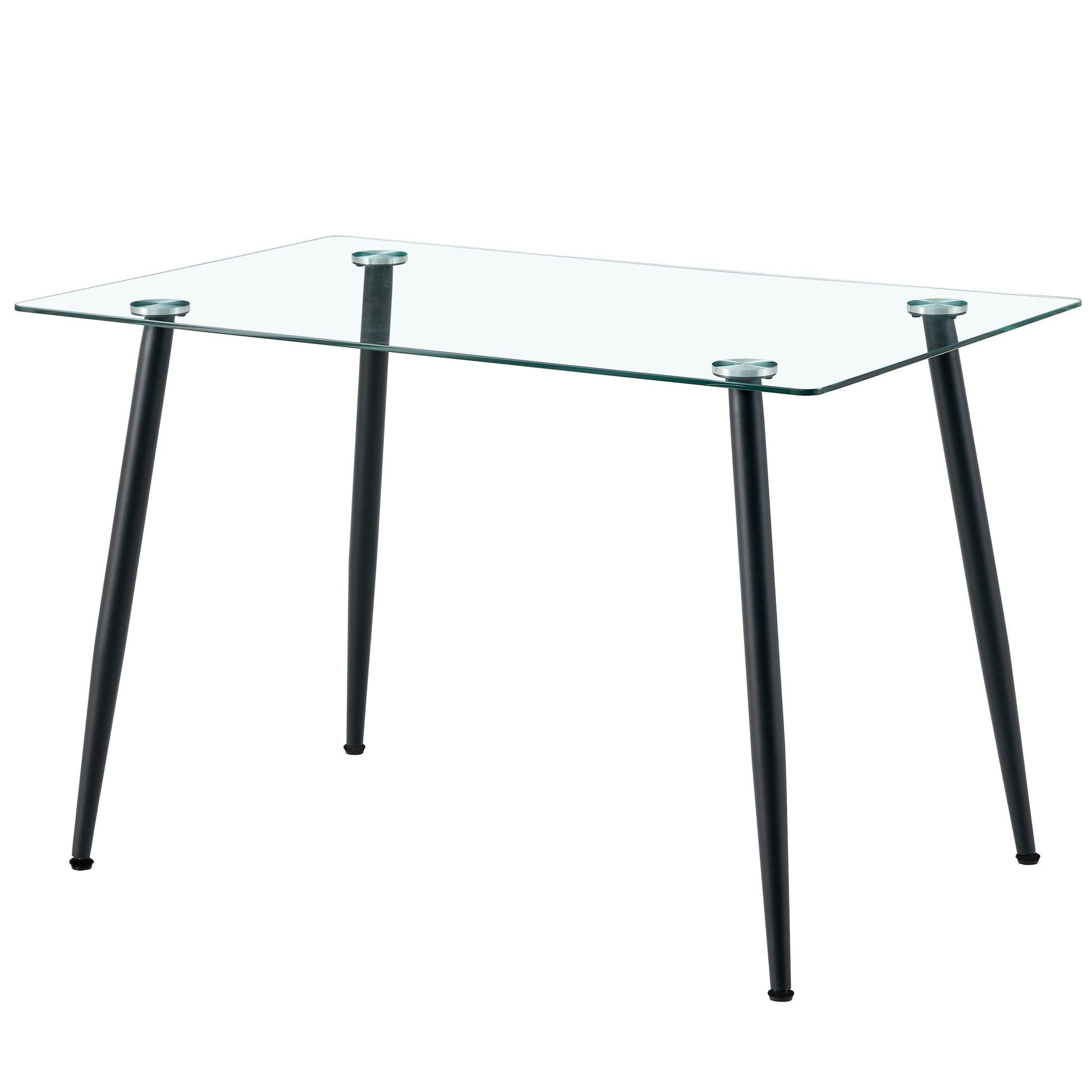 Clear glass dining table with black tapered legs and silver accents