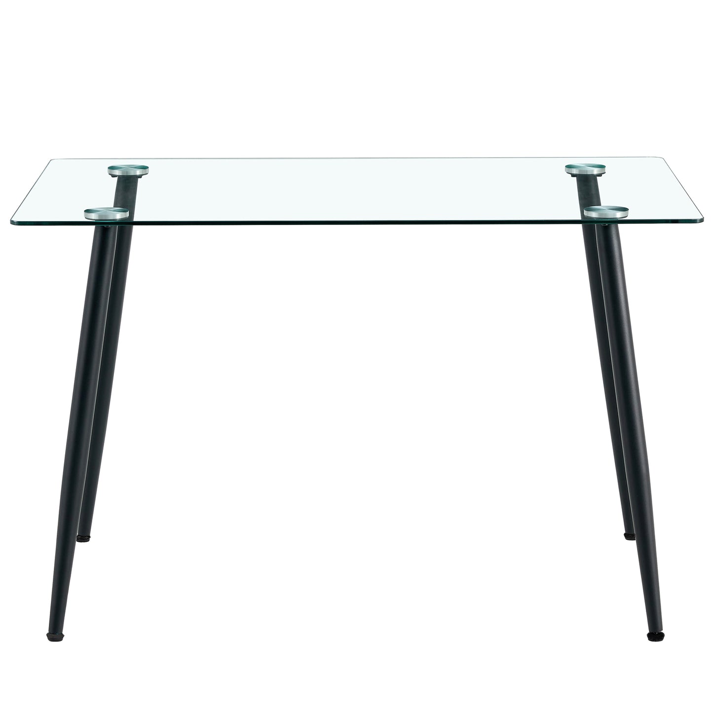 Modern rectangular glass dining table with black metal legs