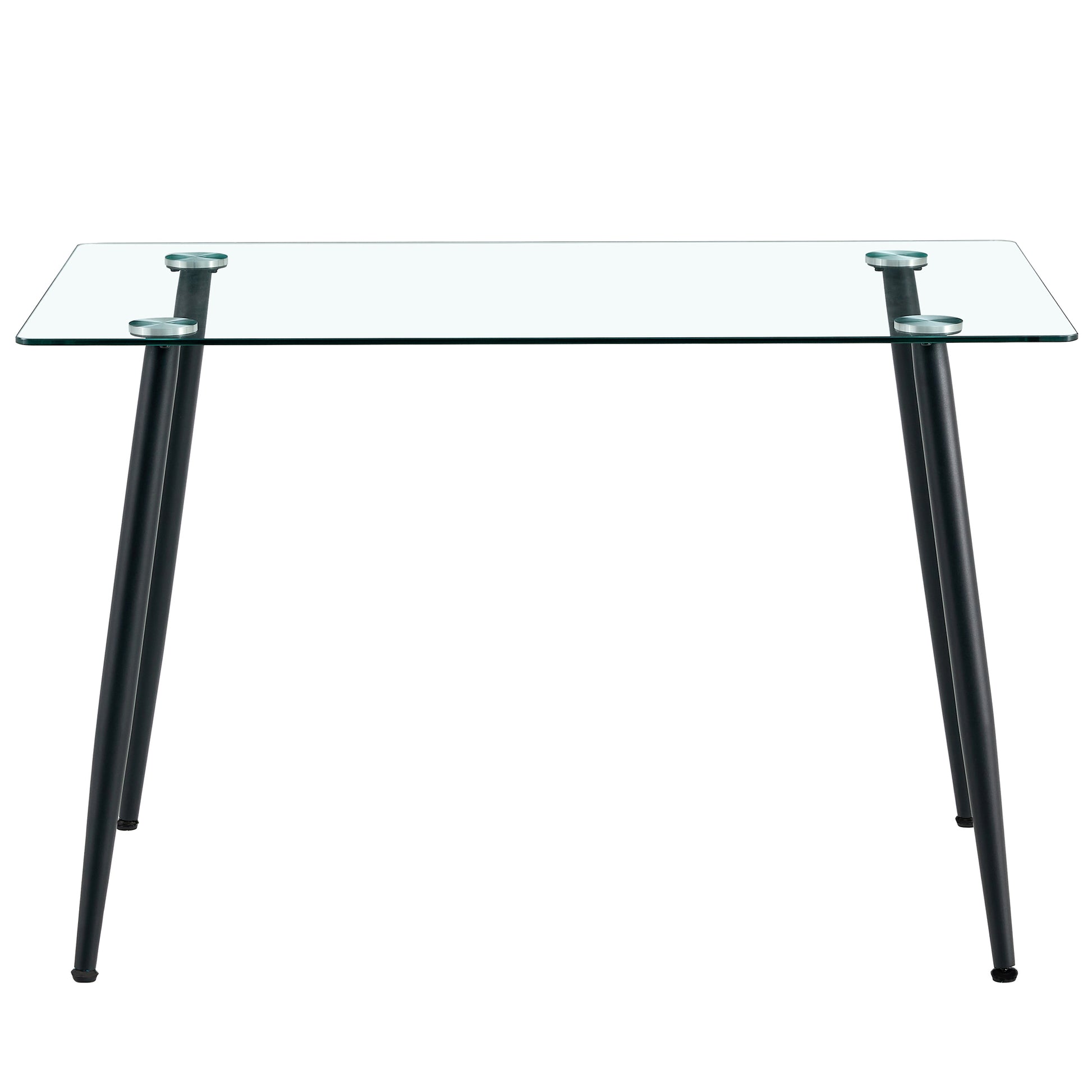 Modern rectangular glass dining table with black metal legs